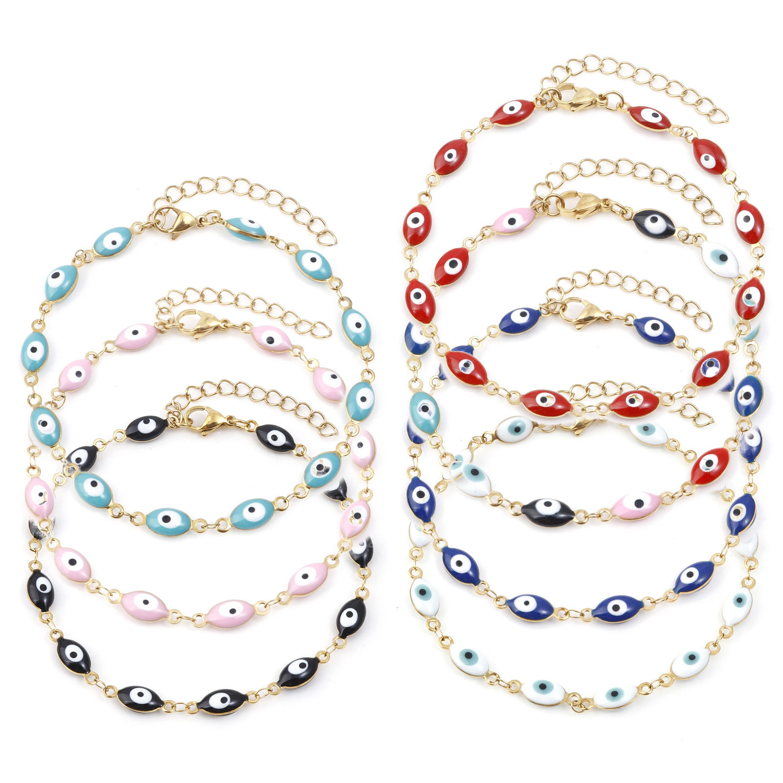 Picture of 1 Piece Vacuum Plating 304 Stainless Steel Religious Anklet Gold Plated Multicolor Enamel Evil Eye 22cm(8 5/8") long
