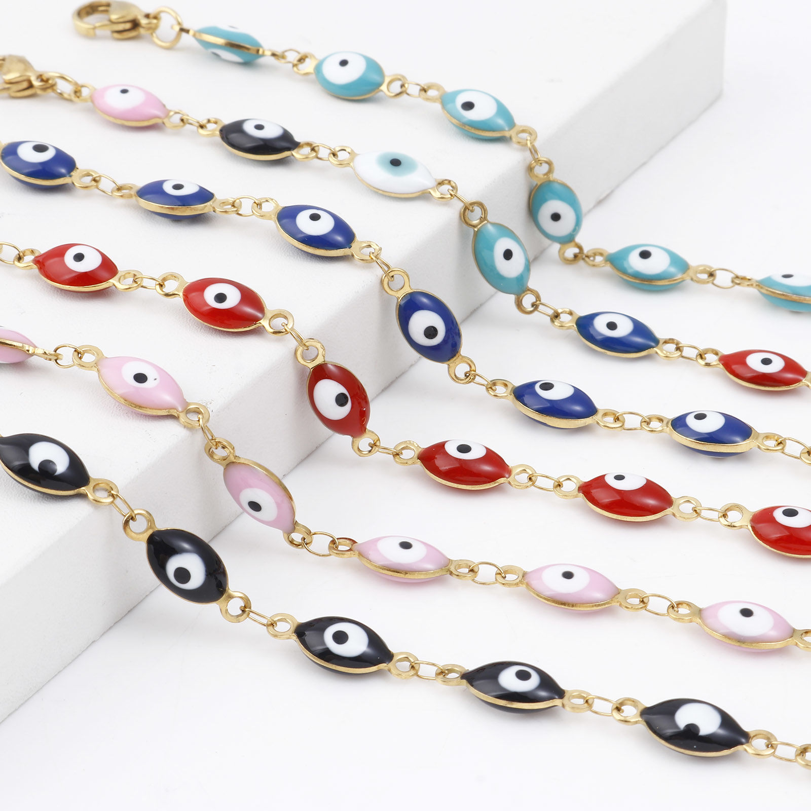 Picture of 1 Piece Vacuum Plating 304 Stainless Steel Religious Anklet Gold Plated Multicolor Enamel Evil Eye 22cm(8 5/8") long