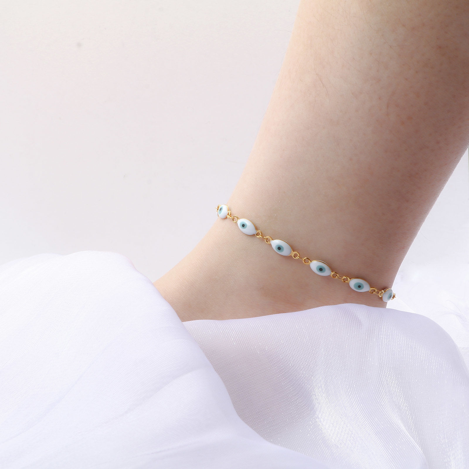 Picture of 1 Piece Vacuum Plating 304 Stainless Steel Religious Anklet Gold Plated Multicolor Enamel Evil Eye 22cm(8 5/8") long