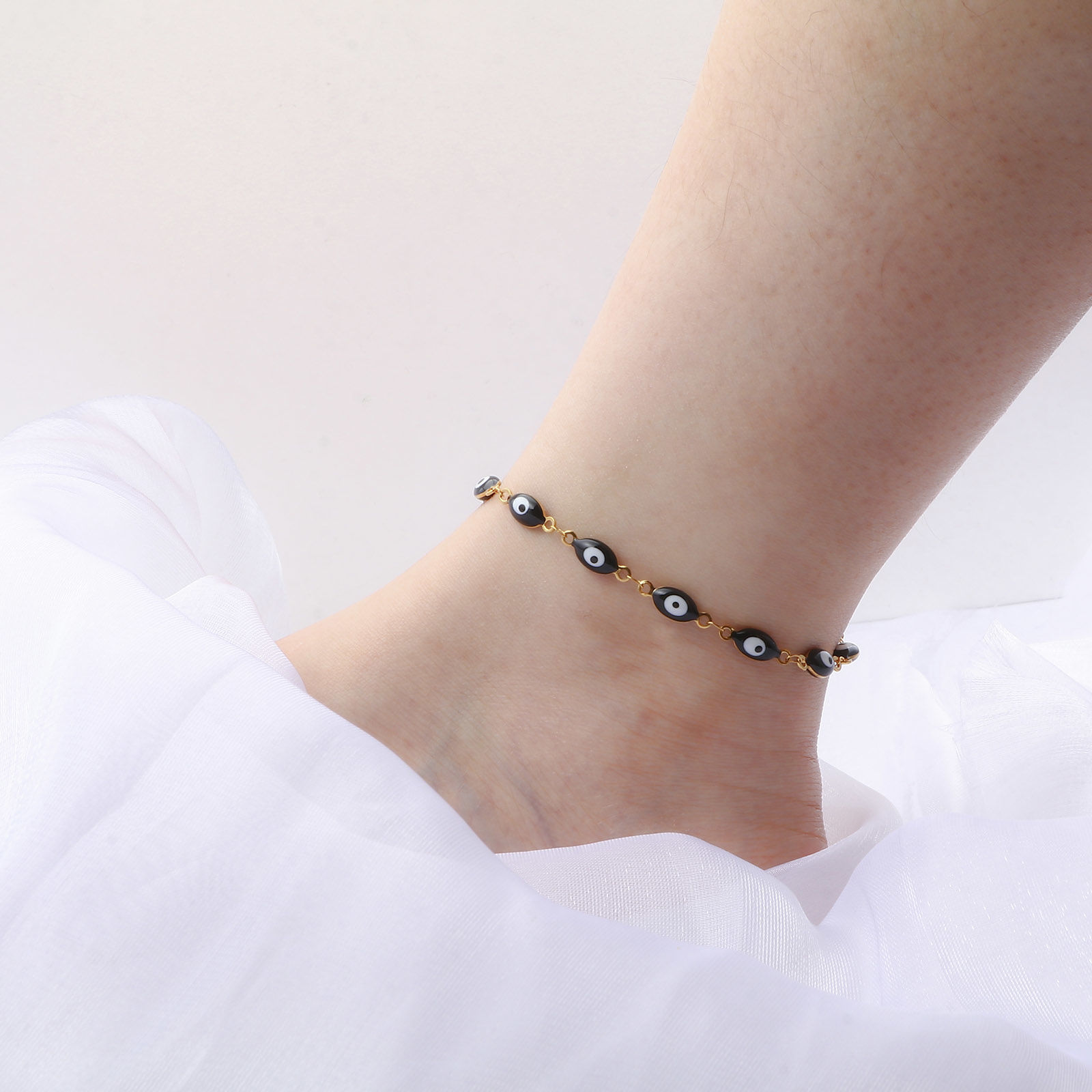 Picture of 1 Piece Vacuum Plating 304 Stainless Steel Religious Anklet Gold Plated Multicolor Enamel Evil Eye 22cm(8 5/8") long