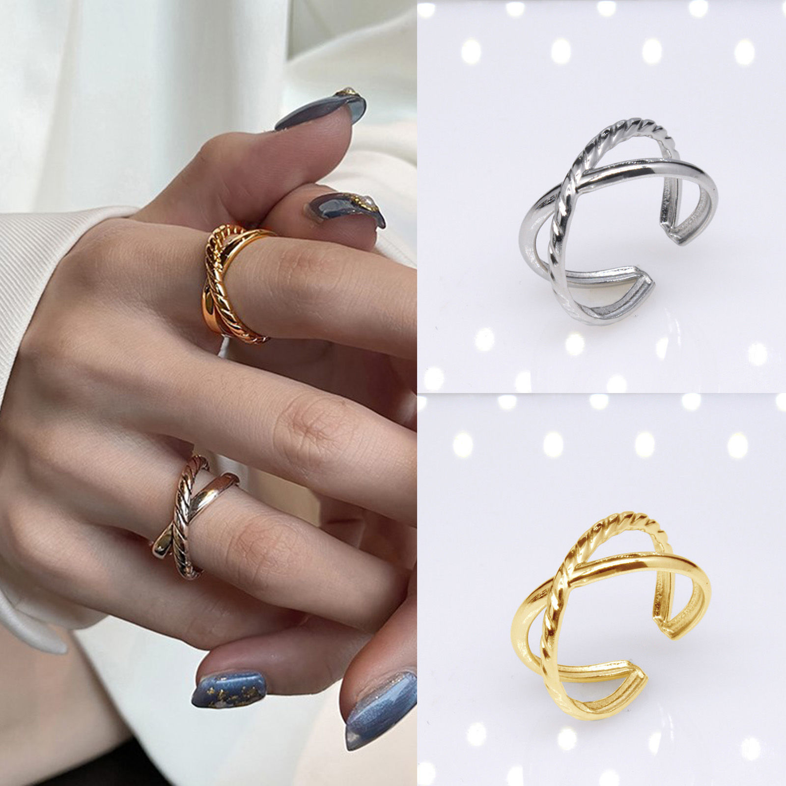 Picture of Stainless Steel Punk Open Adjustable Rings Multicolor Braided Hollow