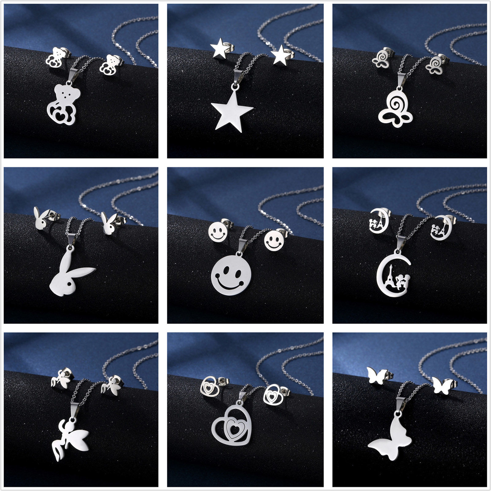 Picture of Stainless Steel Ins Style Jewelry Necklace Earrings Set Silver Tone Hollow 1 Set