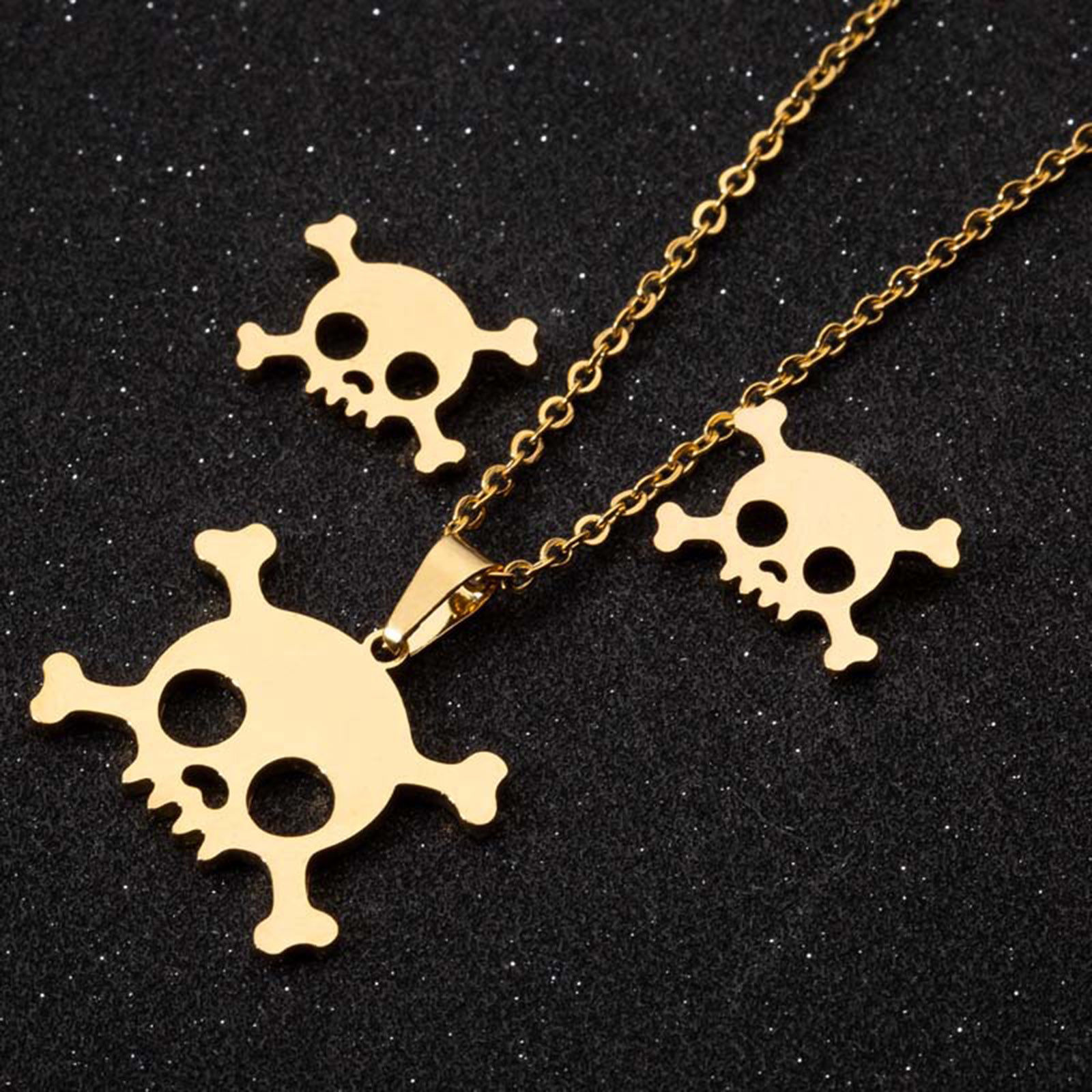 Picture of Stainless Steel Halloween Jewelry Necklace Earrings Set Multicolor Skull Hollow 45cm(17 6/8") long