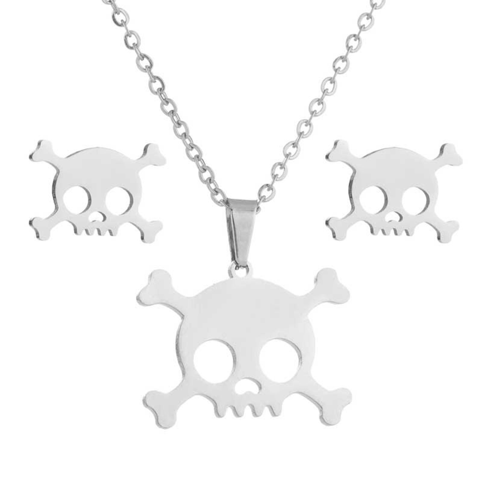 Picture of Stainless Steel Halloween Jewelry Necklace Earrings Set Multicolor Skull Hollow 45cm(17 6/8") long