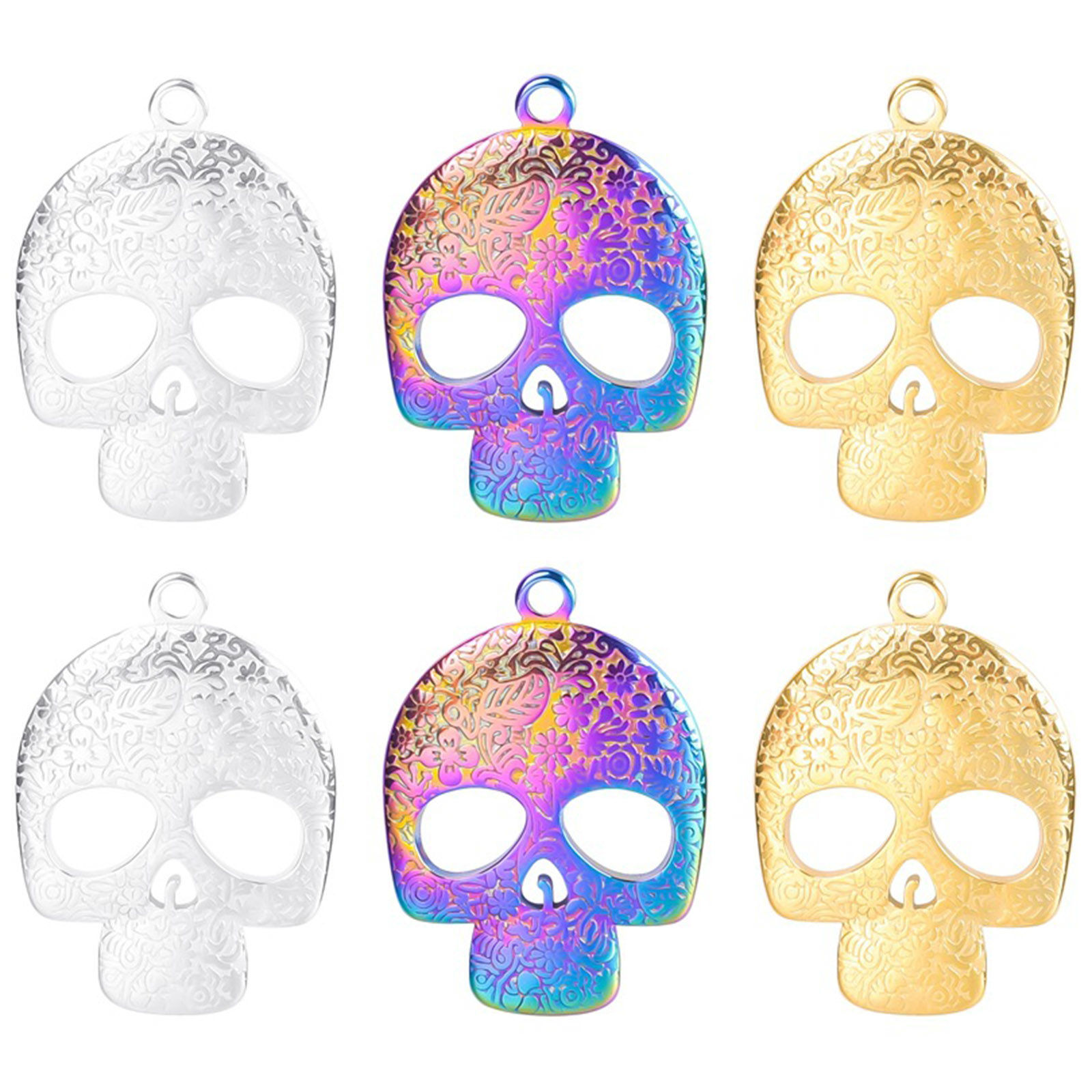 Bild von Edelstahl Halloween Charms Schädel Bunt Geschnitzte Muster Hohl 2 Stück