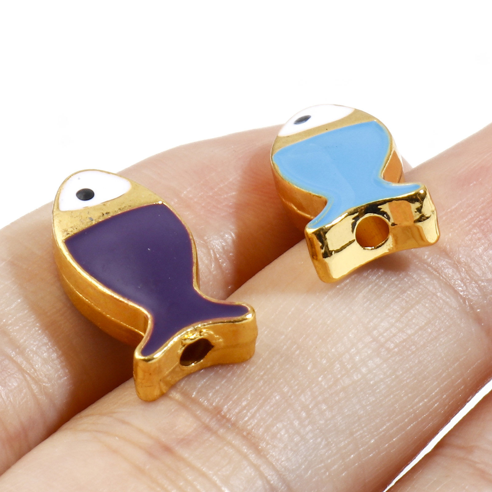 亜鉛合金 メタル 金属 海ジュエリー スペーサー ビーズ 魚 金メッキ 多色 エナメル 約 17mm x 8mm、 穴：約 1.6mm、 5 個 の画像