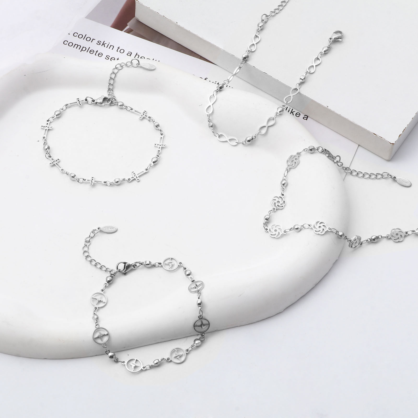 Изображение 304 Нержавеющая Сталь Браслеты Серебряный Тон Цветы Злой Глаз 1 ШТ