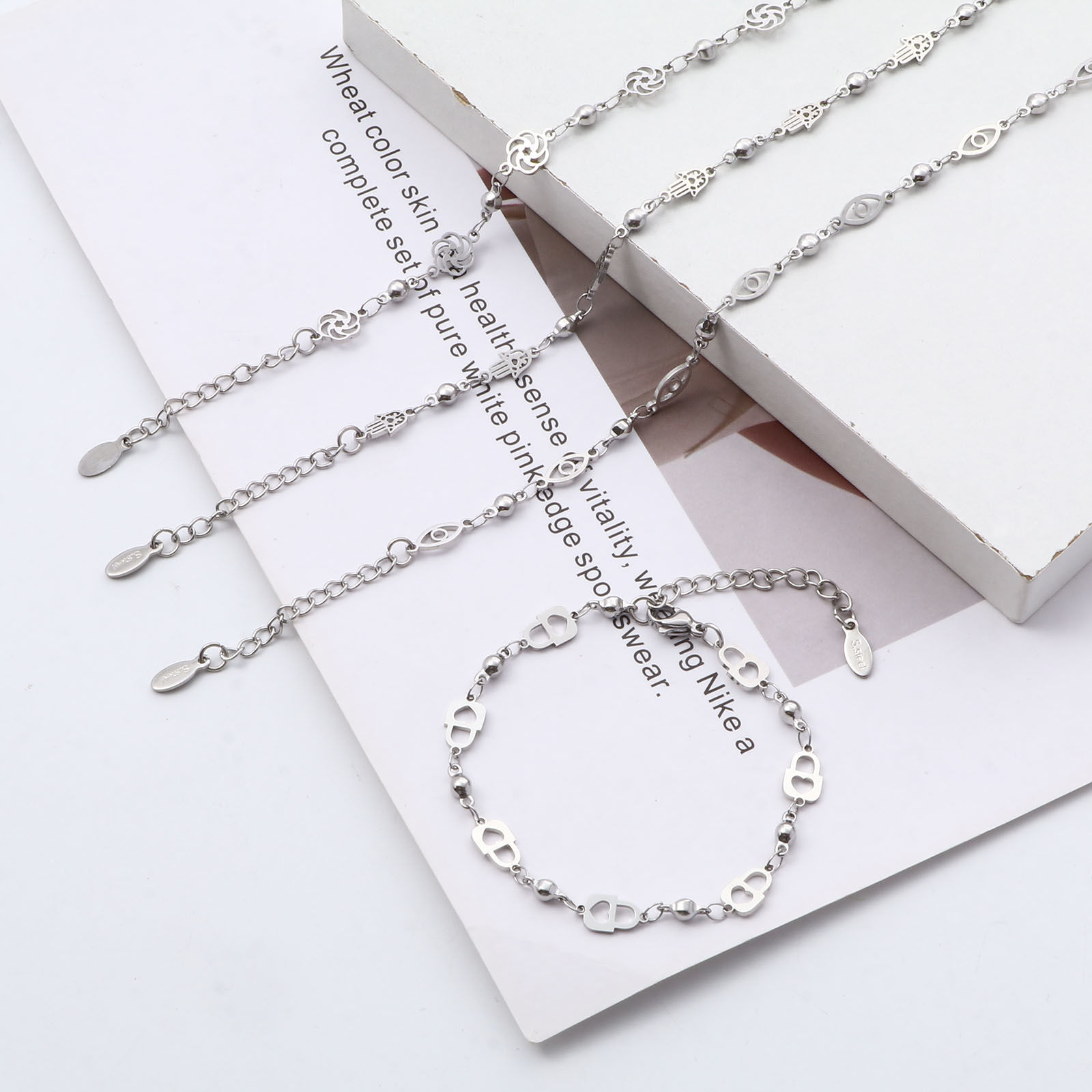 Изображение 304 Нержавеющая Сталь Браслеты Серебряный Тон Цветы Злой Глаз 1 ШТ