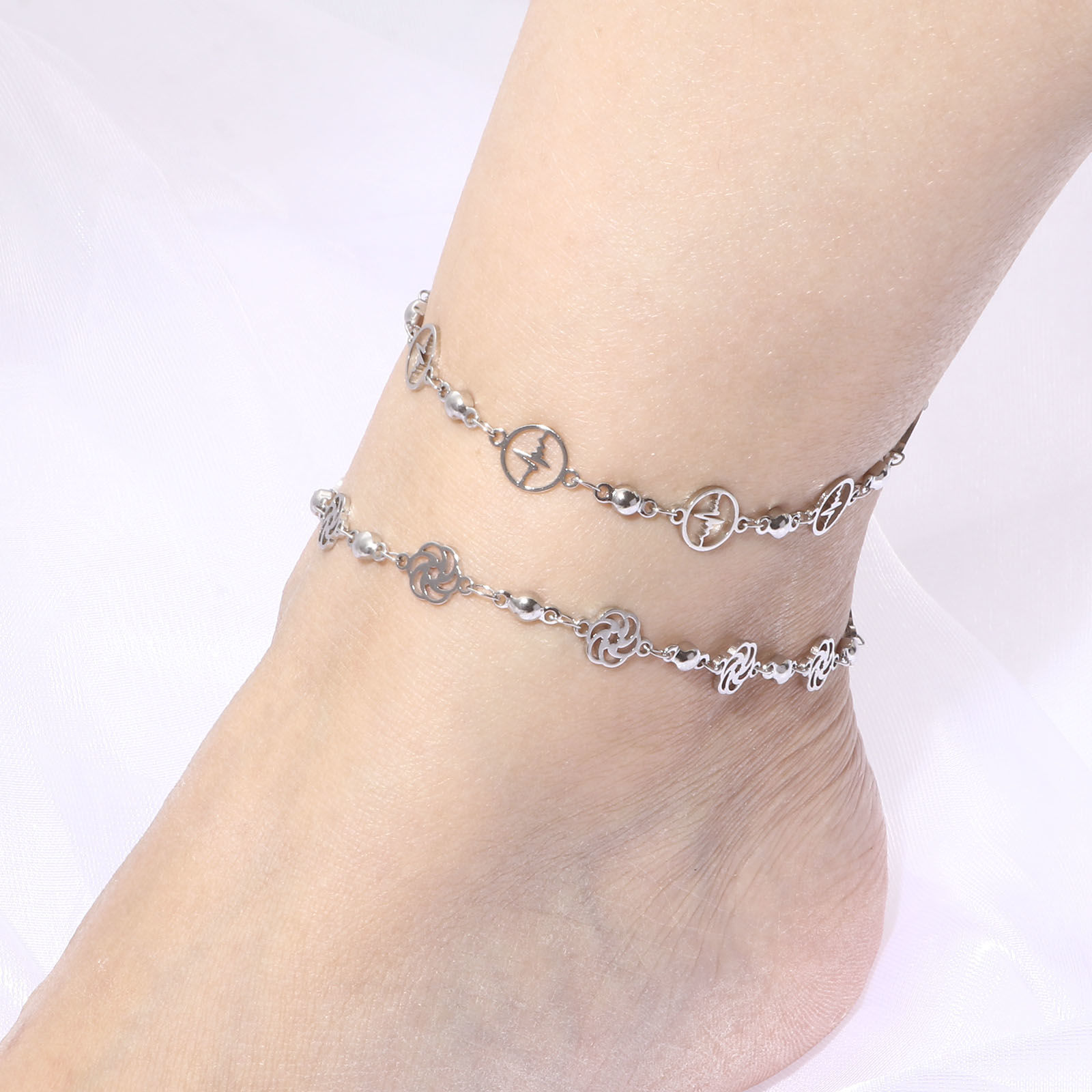 Bild von 304 Edelstahl Fußketten Silberfarbe Blumen Böser Blick Evil Eye 1 Strang