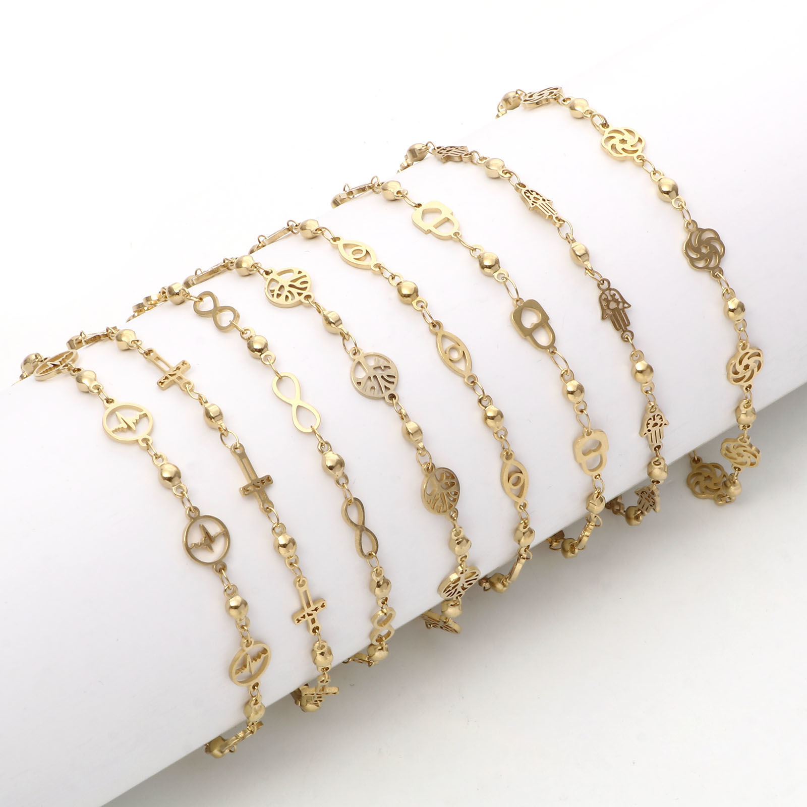 Picture of 1 Piece Vacuum Plating 304 Stainless Steel Anklet Gold Plated Flower Evil Eye