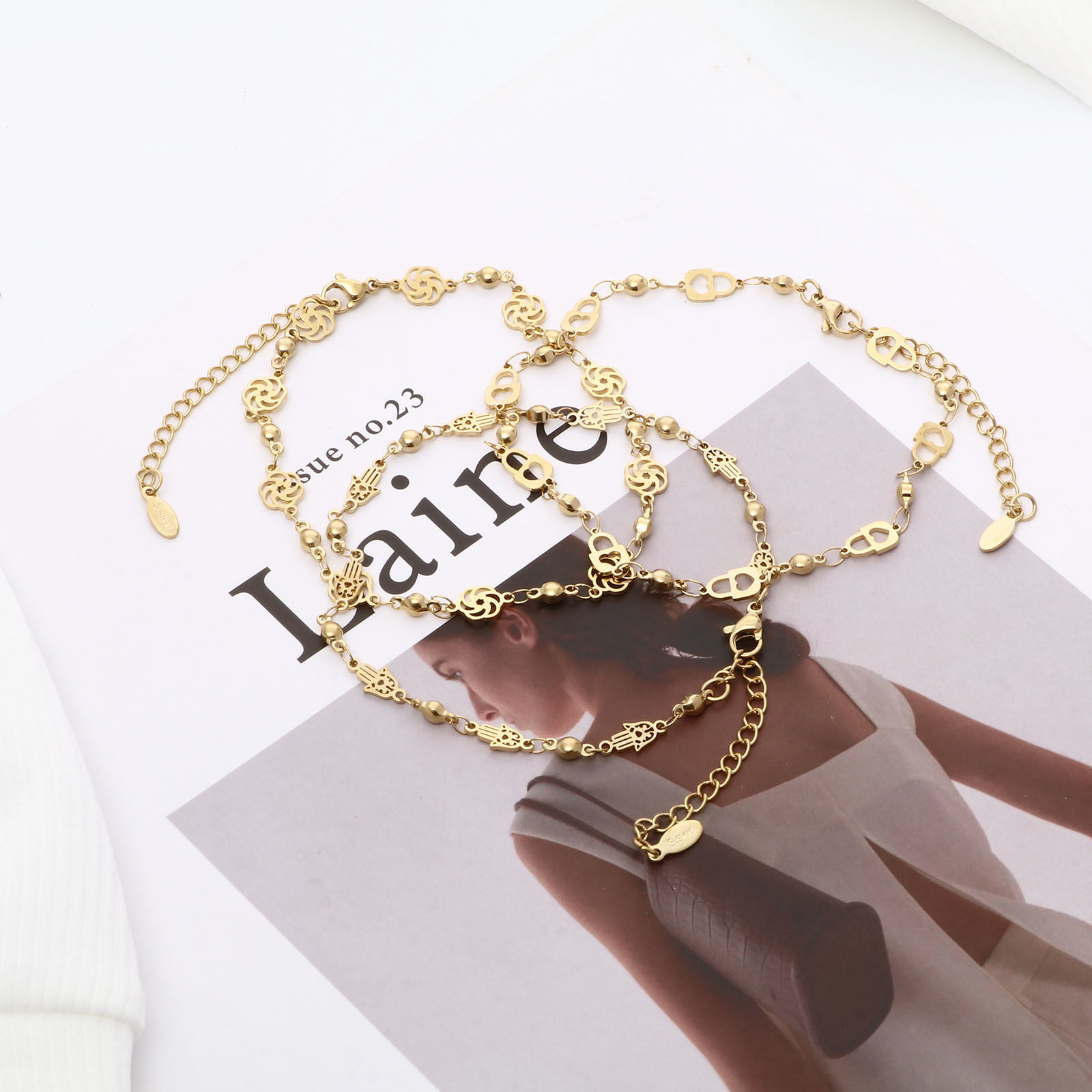 Picture of 1 Piece Vacuum Plating 304 Stainless Steel Anklet Gold Plated Flower Evil Eye