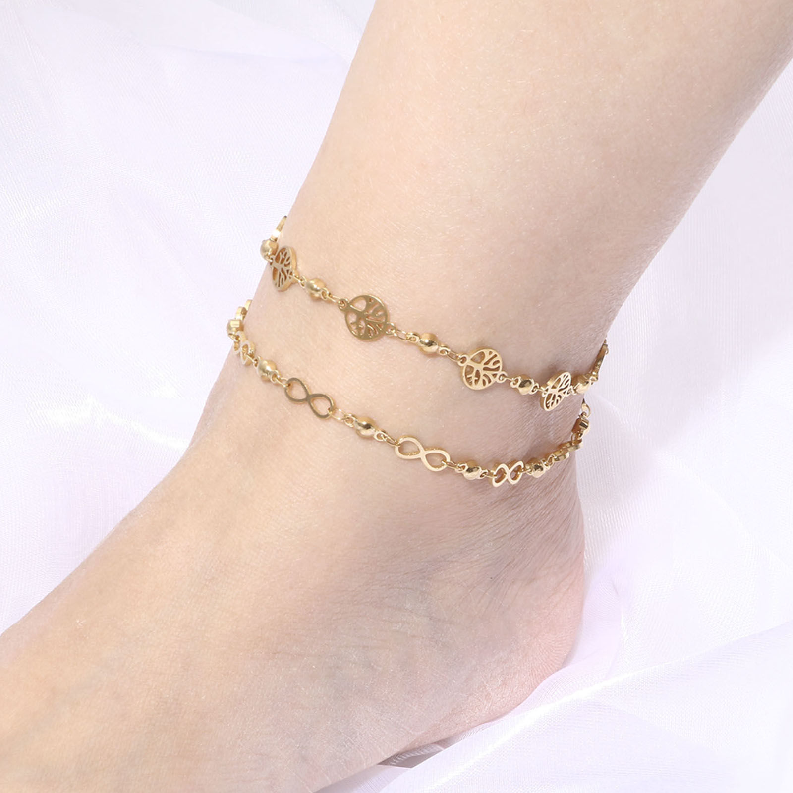 Picture of 1 Piece Vacuum Plating 304 Stainless Steel Anklet Gold Plated Flower Evil Eye