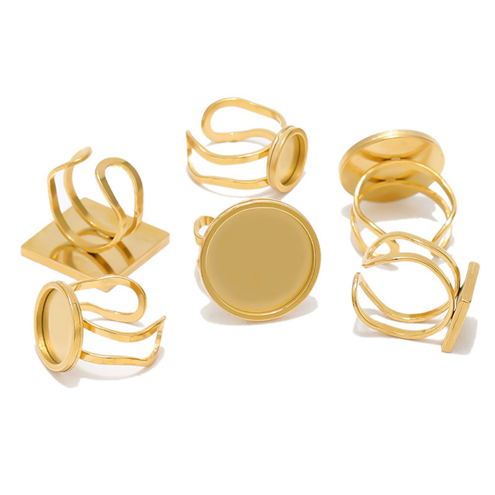 Picture of 304 Stainless Steel Open Adjustable Rings Gold Plated Geometric Cabochon Settings 17.3mm(US Size 7)