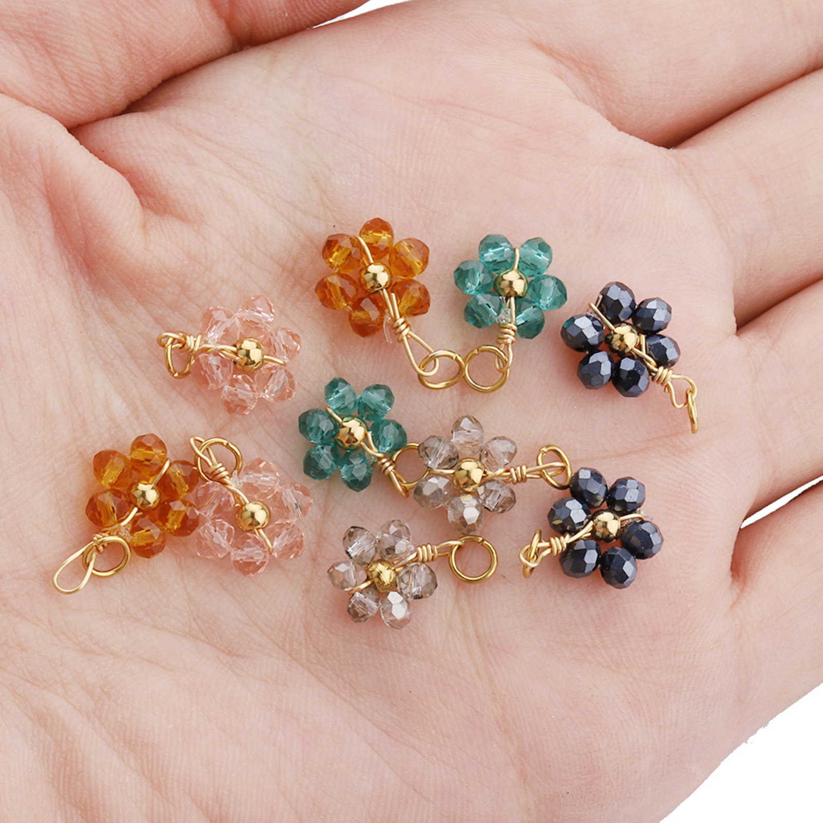 Picture of 304 Stainless Steel & Glass Handmade Charms Gold Plated Multicolor Flower 10mm Dia.