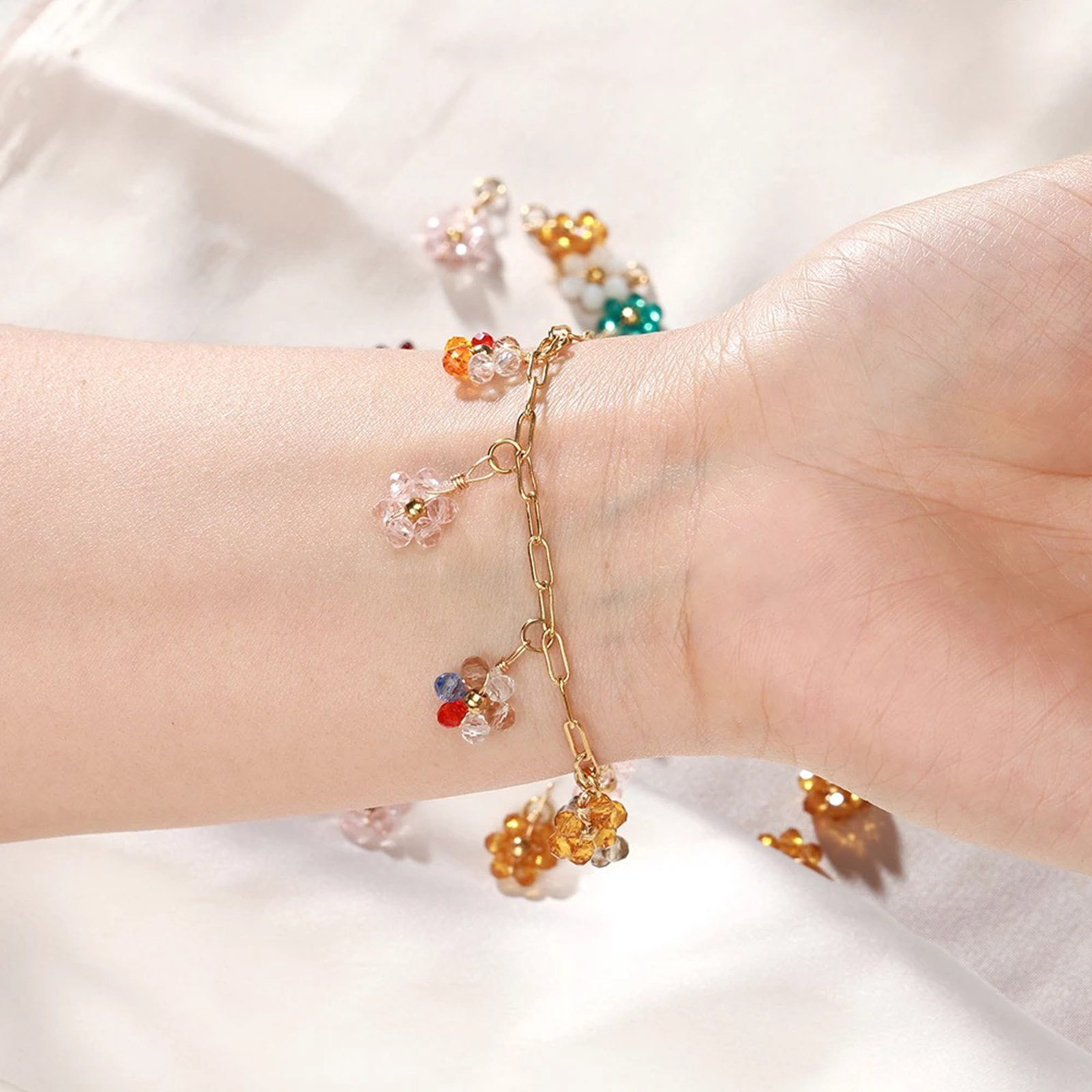 Picture of 304 Stainless Steel & Glass Handmade Charms Gold Plated Multicolor Flower 10mm Dia.