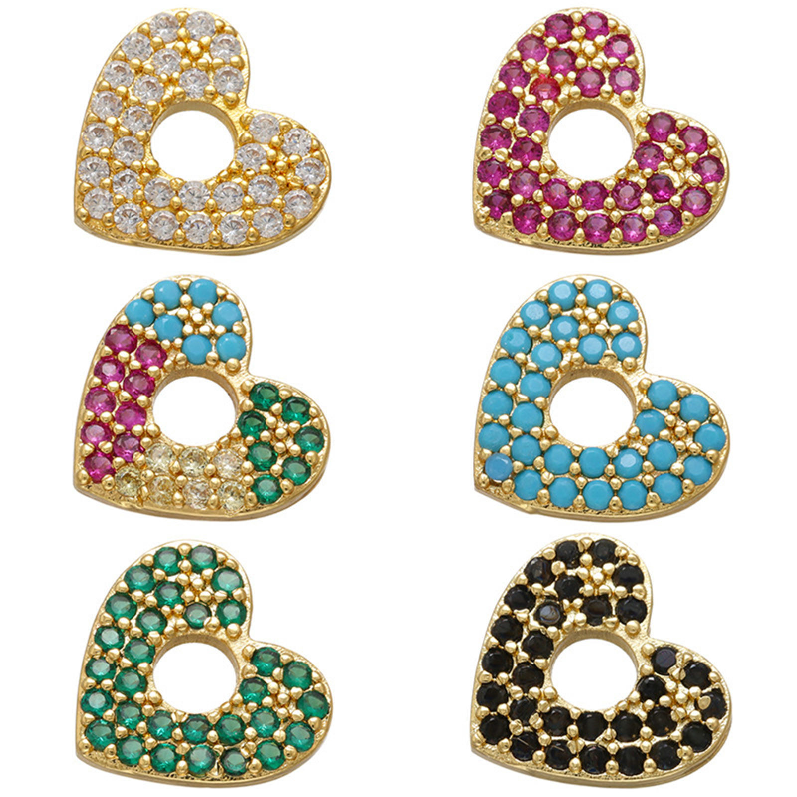 Picture of Brass Valentine's Day Charms 18K Gold Plated Heart Micro Pave Multicolour Cubic Zirconia 13mm x 12mm