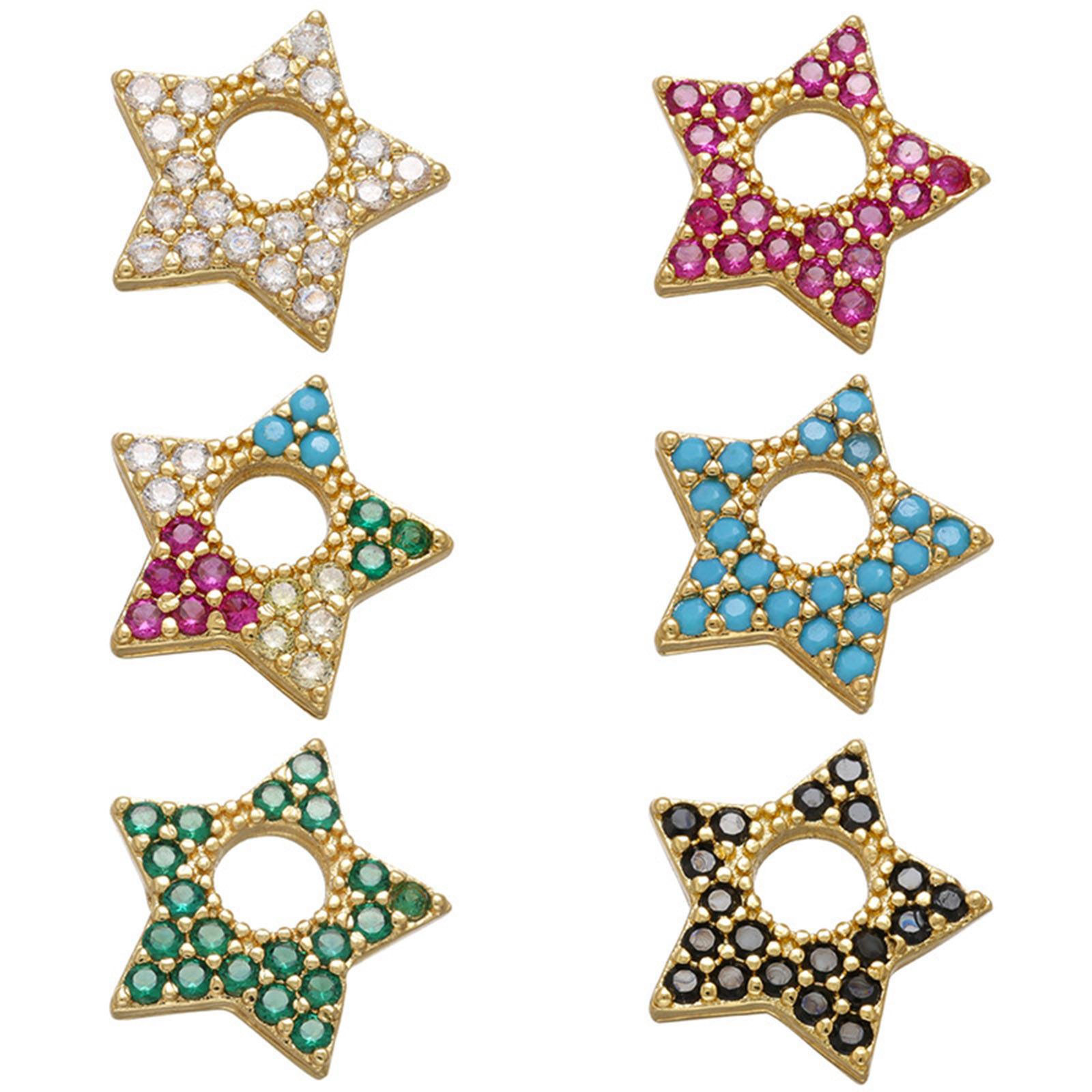 Picture of Brass Galaxy Charms 18K Gold Plated Pentagram Star Micro Pave Multicolour Cubic Zirconia 13mm x 12mm