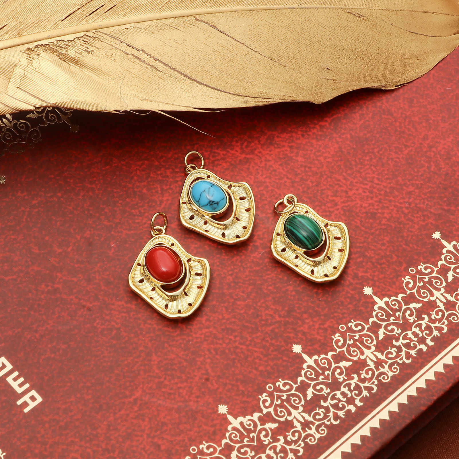 Picture of Brass Charms Gold Plated Multicolor Irregular Imitation Gemstones 28mm x 18mm