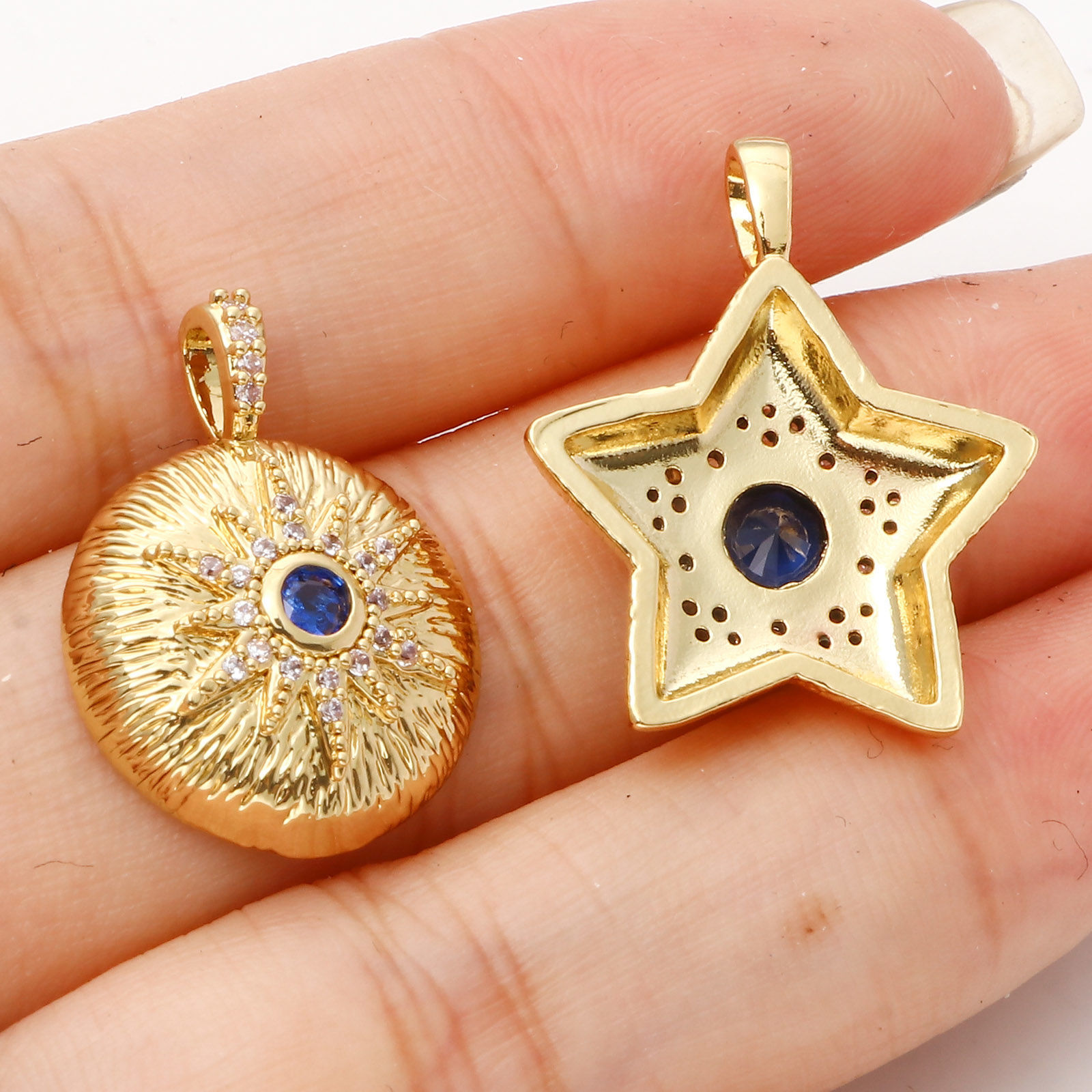 Picture of Brass Micro Pave Charms Gold Plated Clear & Blue Cubic Zirconia