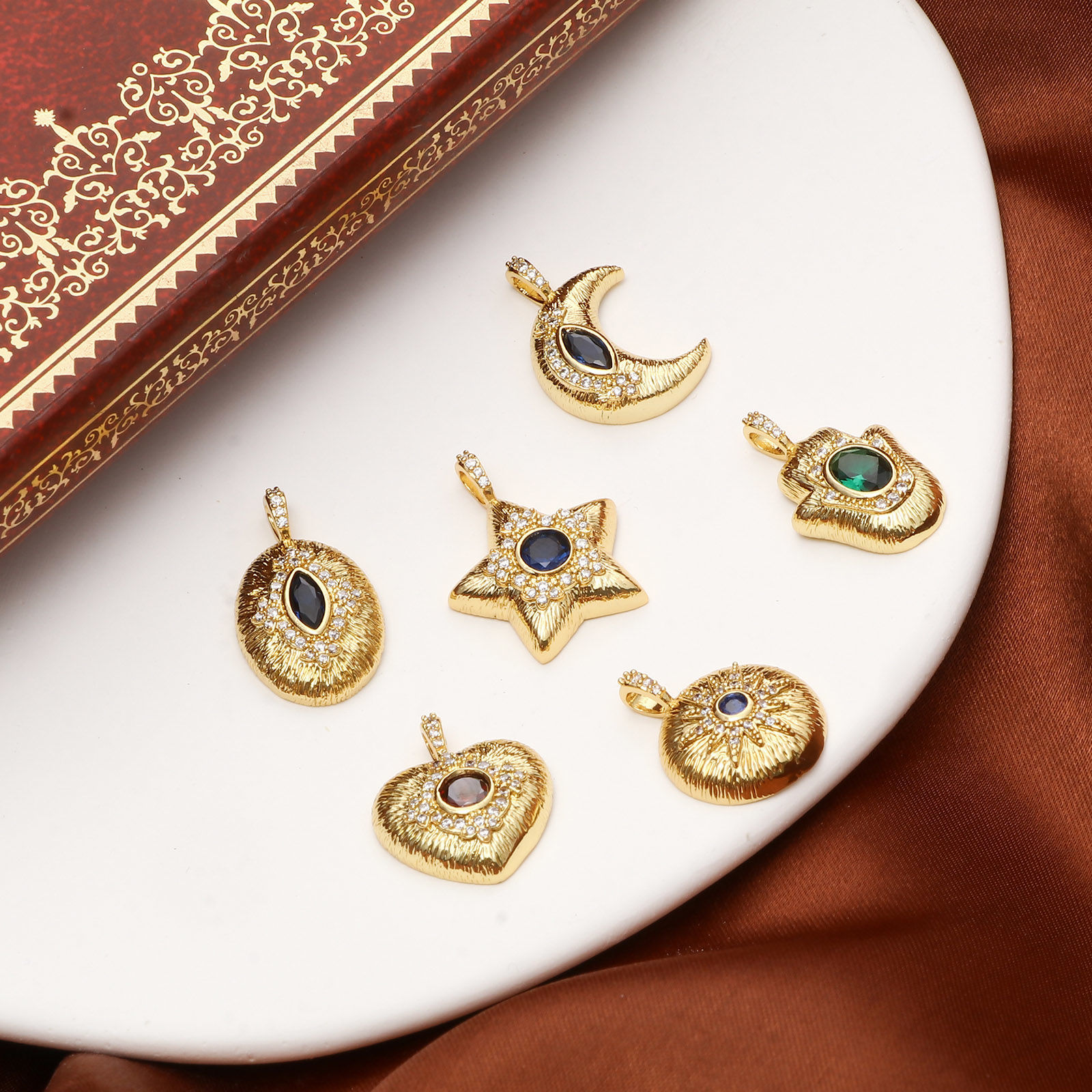 Picture of Brass Micro Pave Charms Gold Plated Clear & Blue Cubic Zirconia