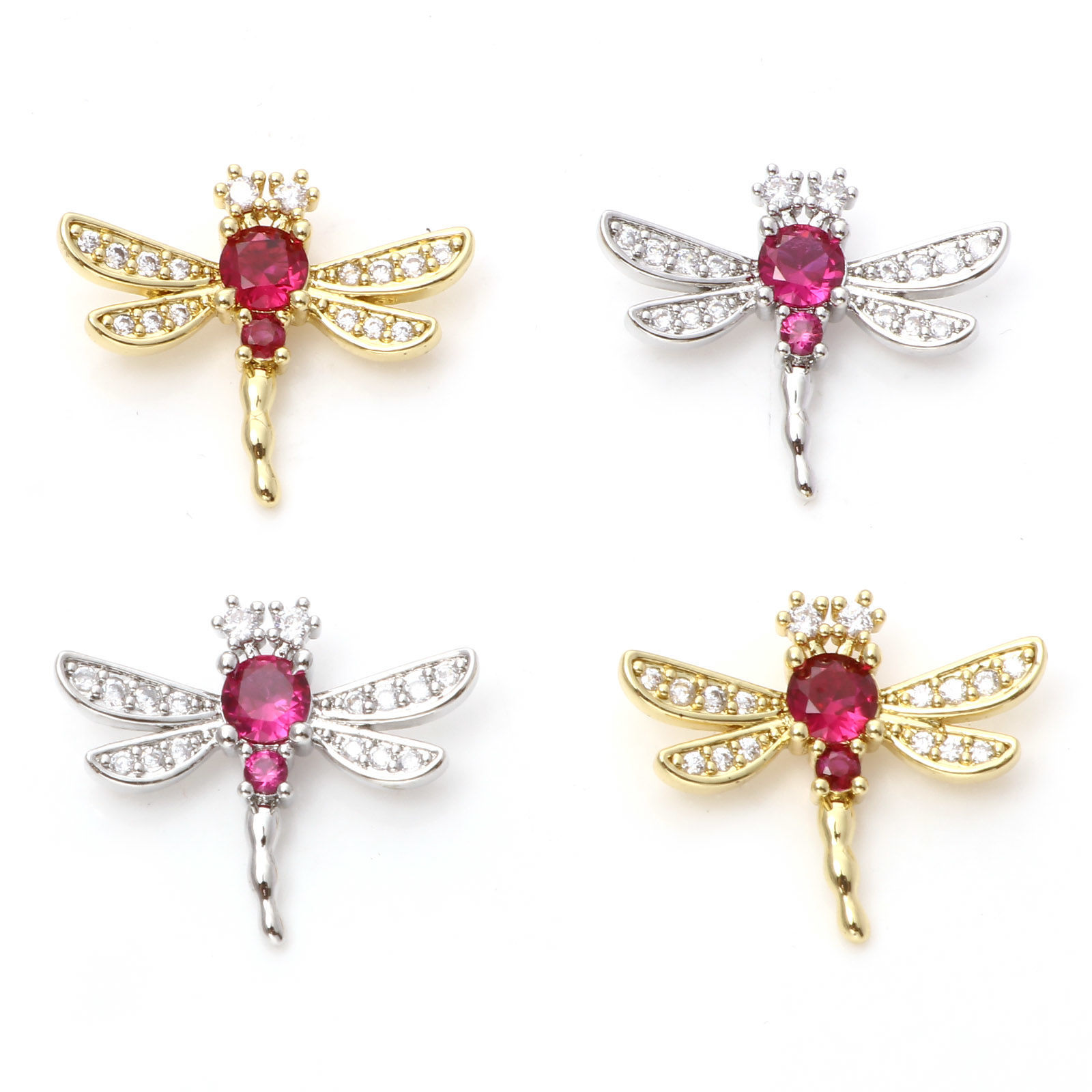 Immagine di Ottone Micro Intarsio Charms Multicolore Libellula Trasparente & Rosso Cubic Zirconiae 24mm x 20mm, 1 Pz