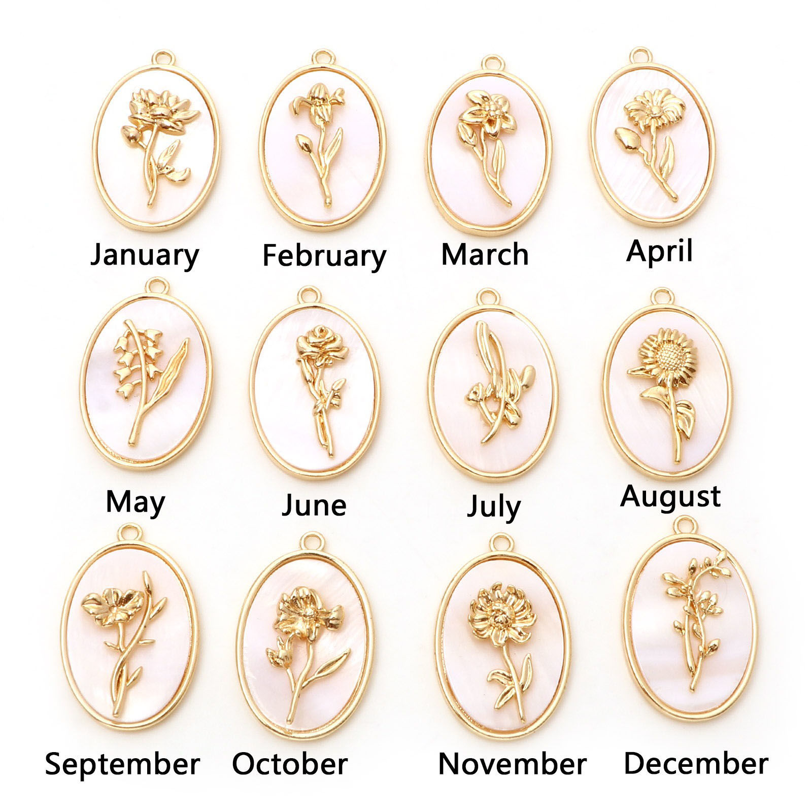 Bild von 1 Stück Natürliche Muschel & Messing Geburtsmonat Blume Charms Echtgold plattiert Weiß Oval 27mm x 18mm