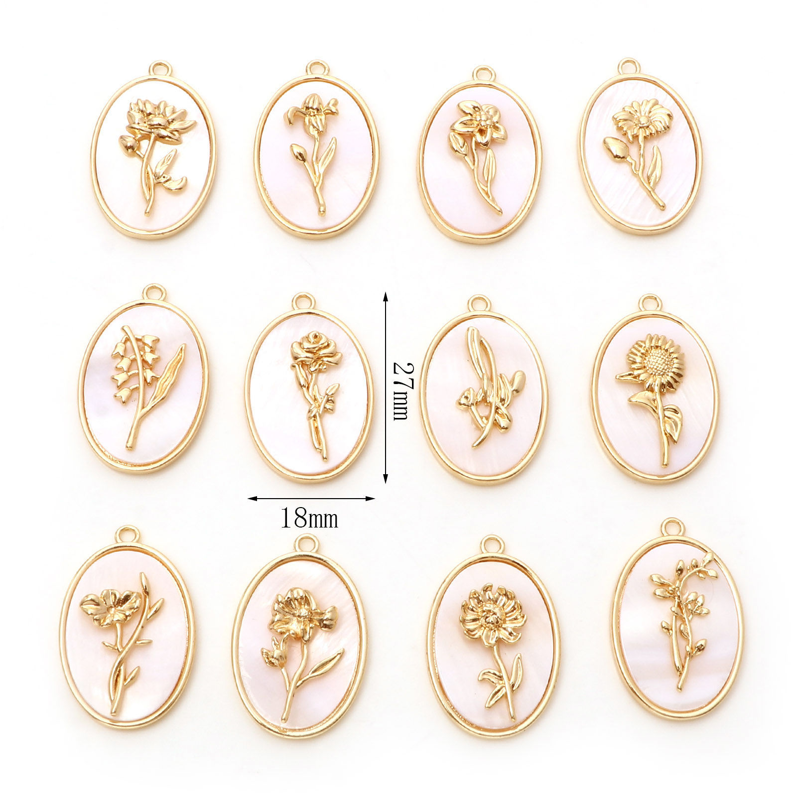 Bild von 1 Stück Natürliche Muschel & Messing Geburtsmonat Blume Charms Echtgold plattiert Weiß Oval 27mm x 18mm