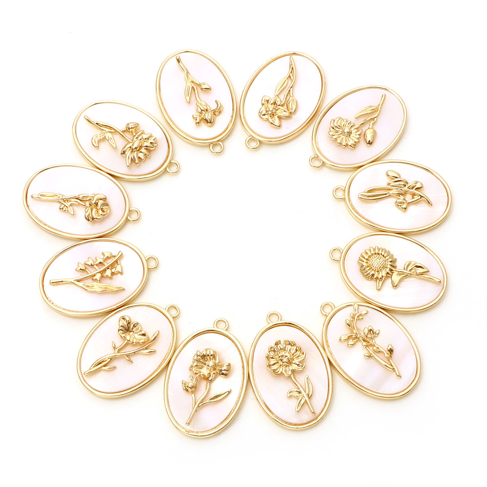 Bild von 1 Stück Natürliche Muschel & Messing Geburtsmonat Blume Charms Echtgold plattiert Weiß Oval 27mm x 18mm