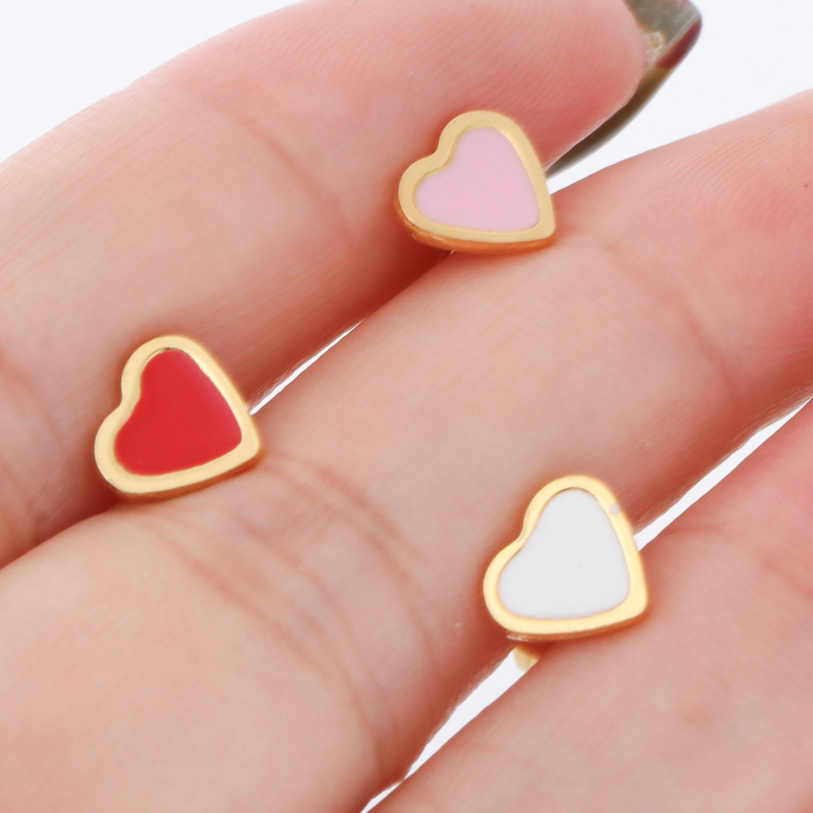 Picture of 316 Stainless Steel Valentine's Day Ear Post Stud Earrings Gold Plated Multicolor Heart Enamel 7.6mm x 6.9mm