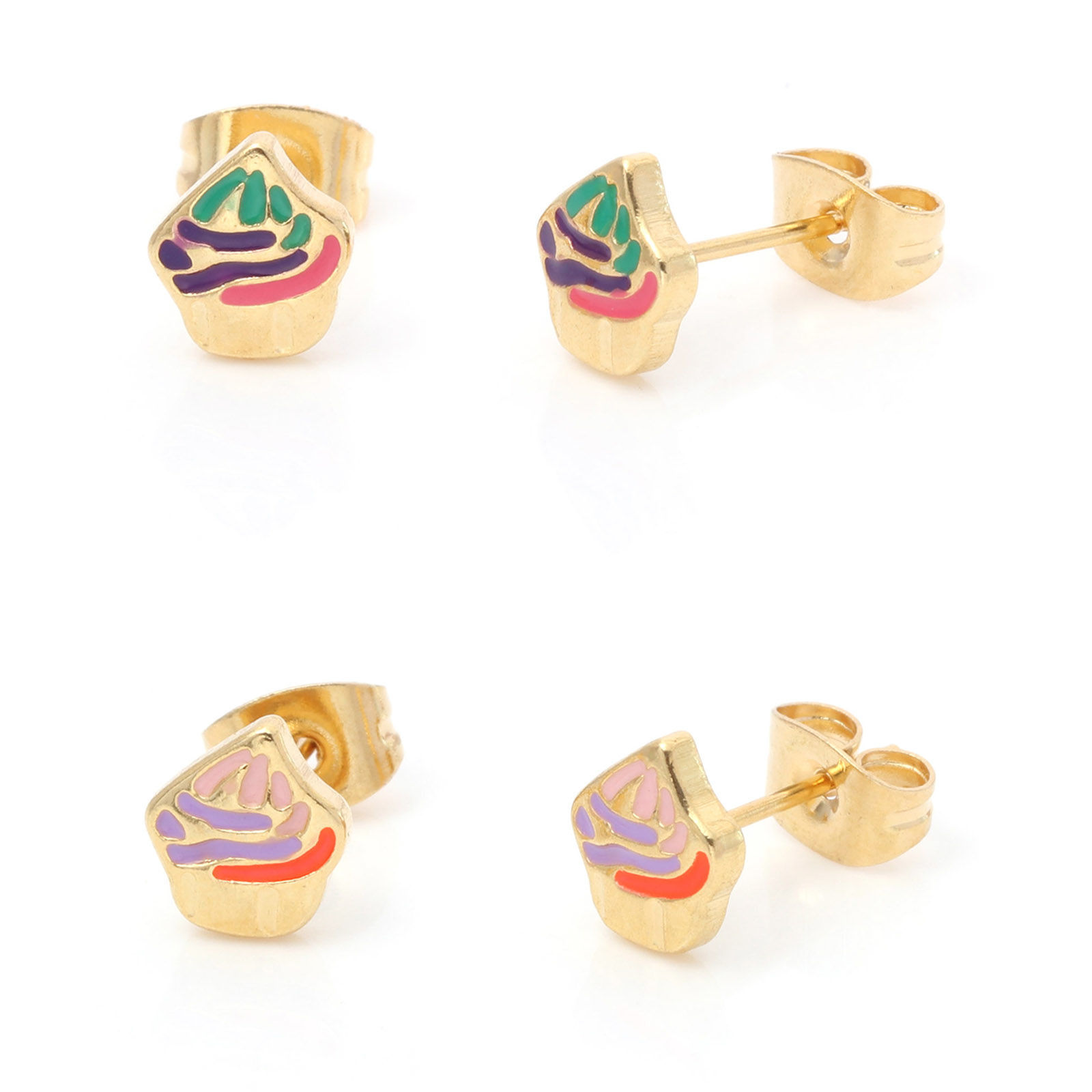 Immagine di 316 Acciaio inossidabile Elegante Orecchini a Perno Oro Placcato Multicolore Gelatto Smalto 7.3mm x 6.5mm, Posta / Filo Dimensione: (21 misura), 1 Paio