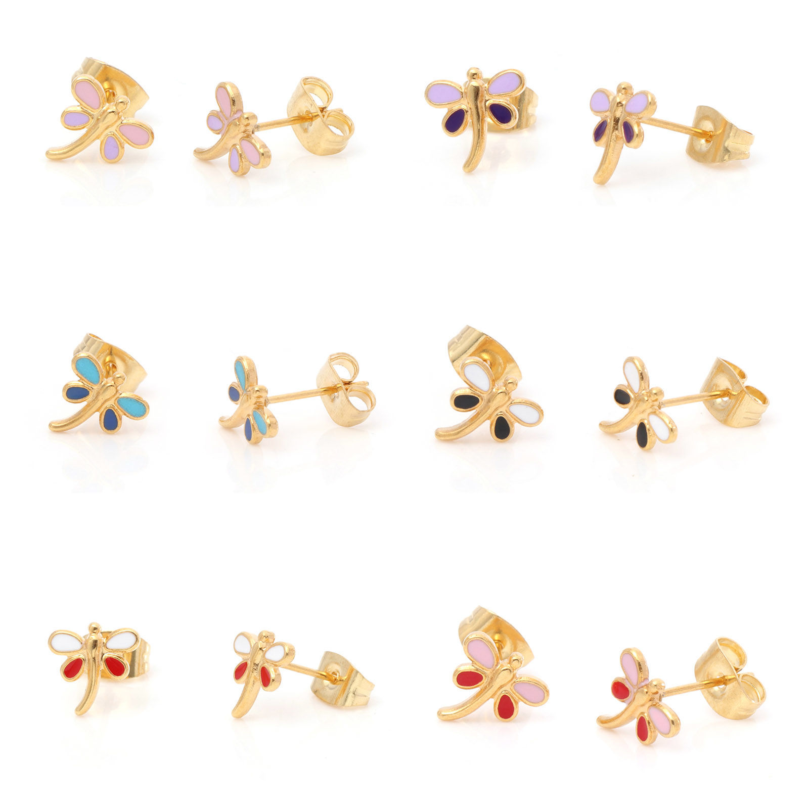 Picture of 316 Stainless Steel Insect Ear Post Stud Earrings Gold Plated Multicolor Dragonfly Animal Enamel 8mm x 8mm