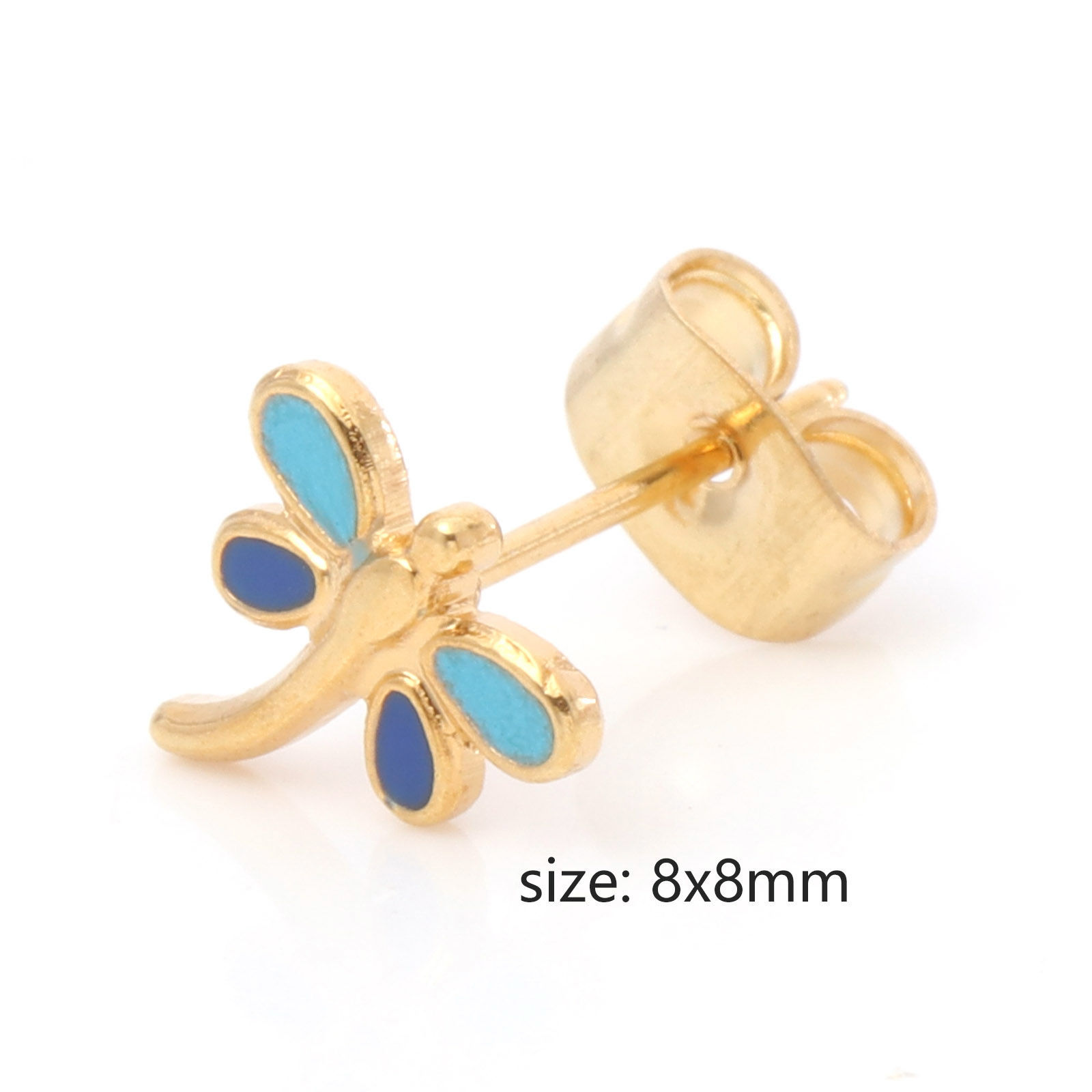 Picture of 316 Stainless Steel Insect Ear Post Stud Earrings Gold Plated Multicolor Dragonfly Animal Enamel 8mm x 8mm