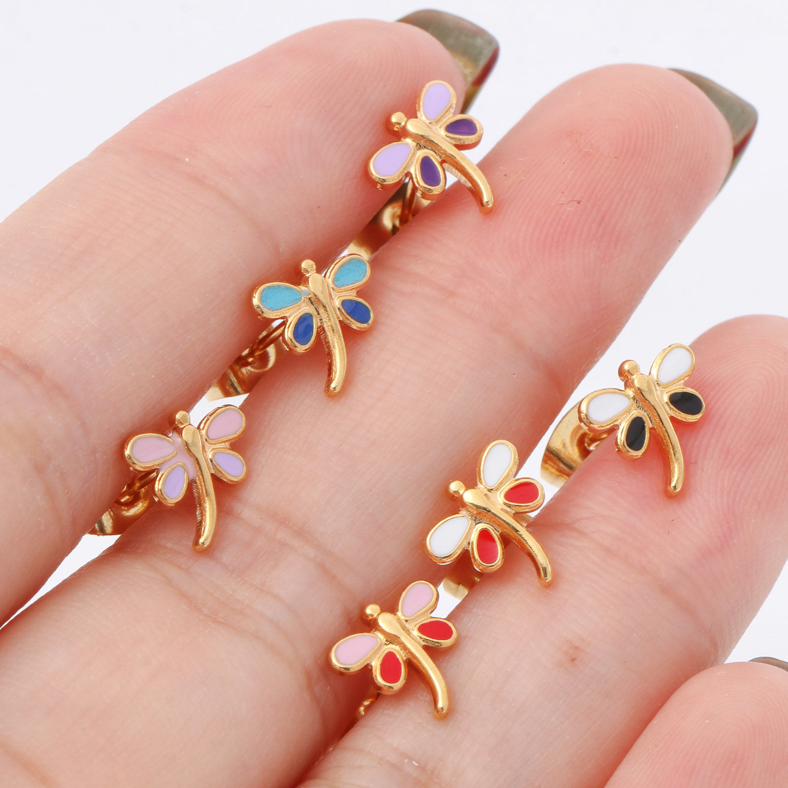 Picture of 316 Stainless Steel Insect Ear Post Stud Earrings Gold Plated Multicolor Dragonfly Animal Enamel 8mm x 8mm