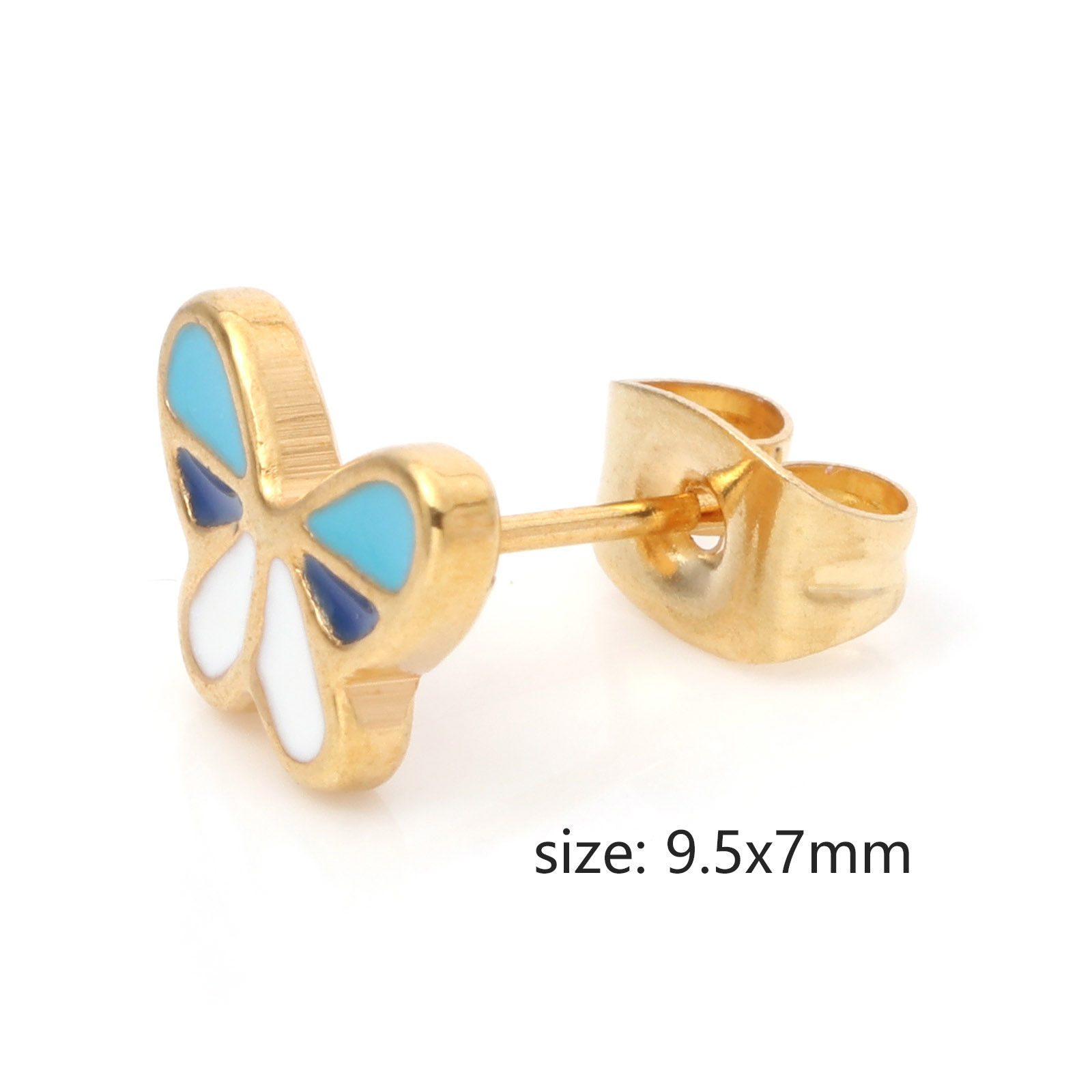 Picture of 316 Stainless Steel Insect Ear Post Stud Earrings Gold Plated Multicolor Butterfly Animal Enamel 9.5mm x 7mm