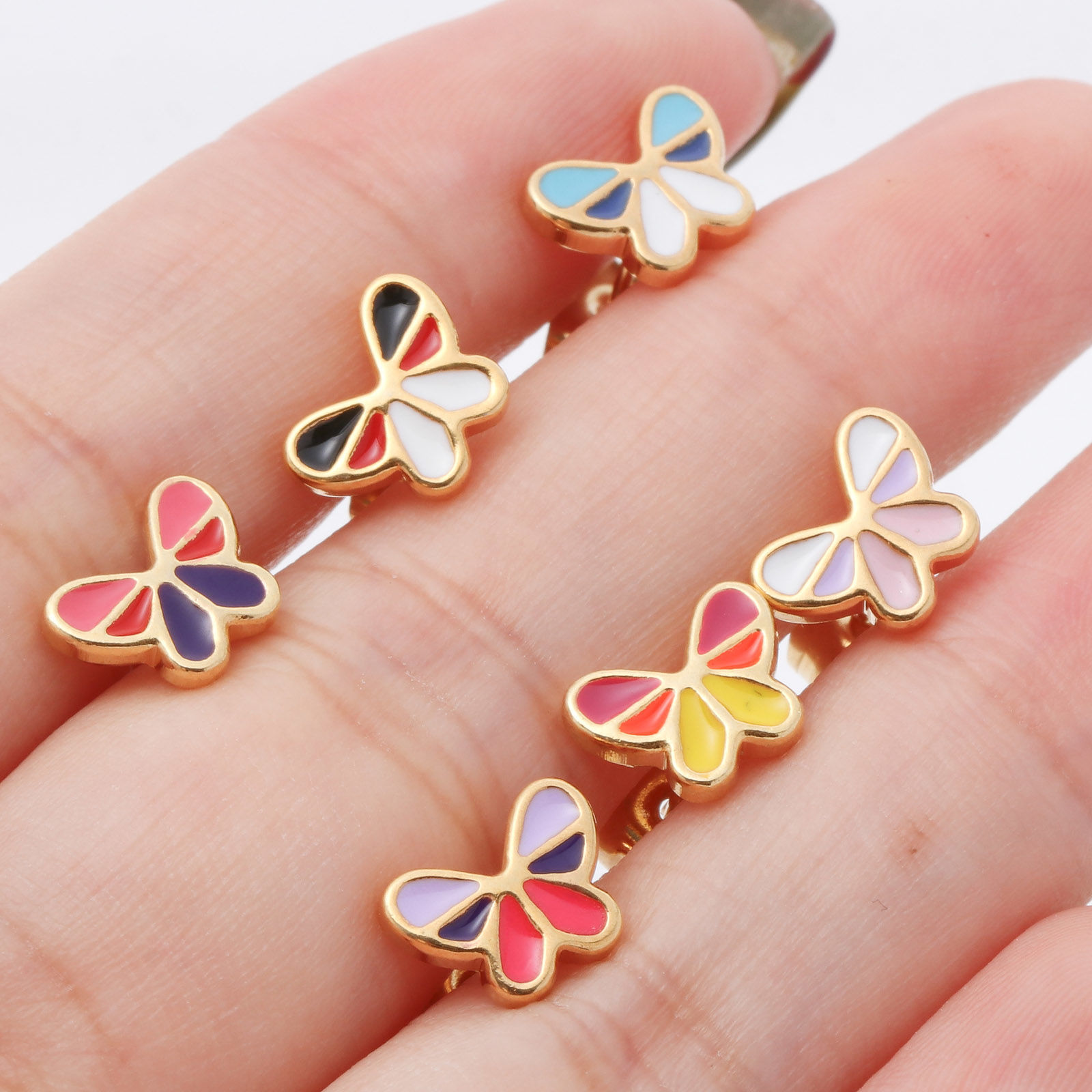 Picture of 316 Stainless Steel Insect Ear Post Stud Earrings Gold Plated Multicolor Butterfly Animal Enamel 9.5mm x 7mm
