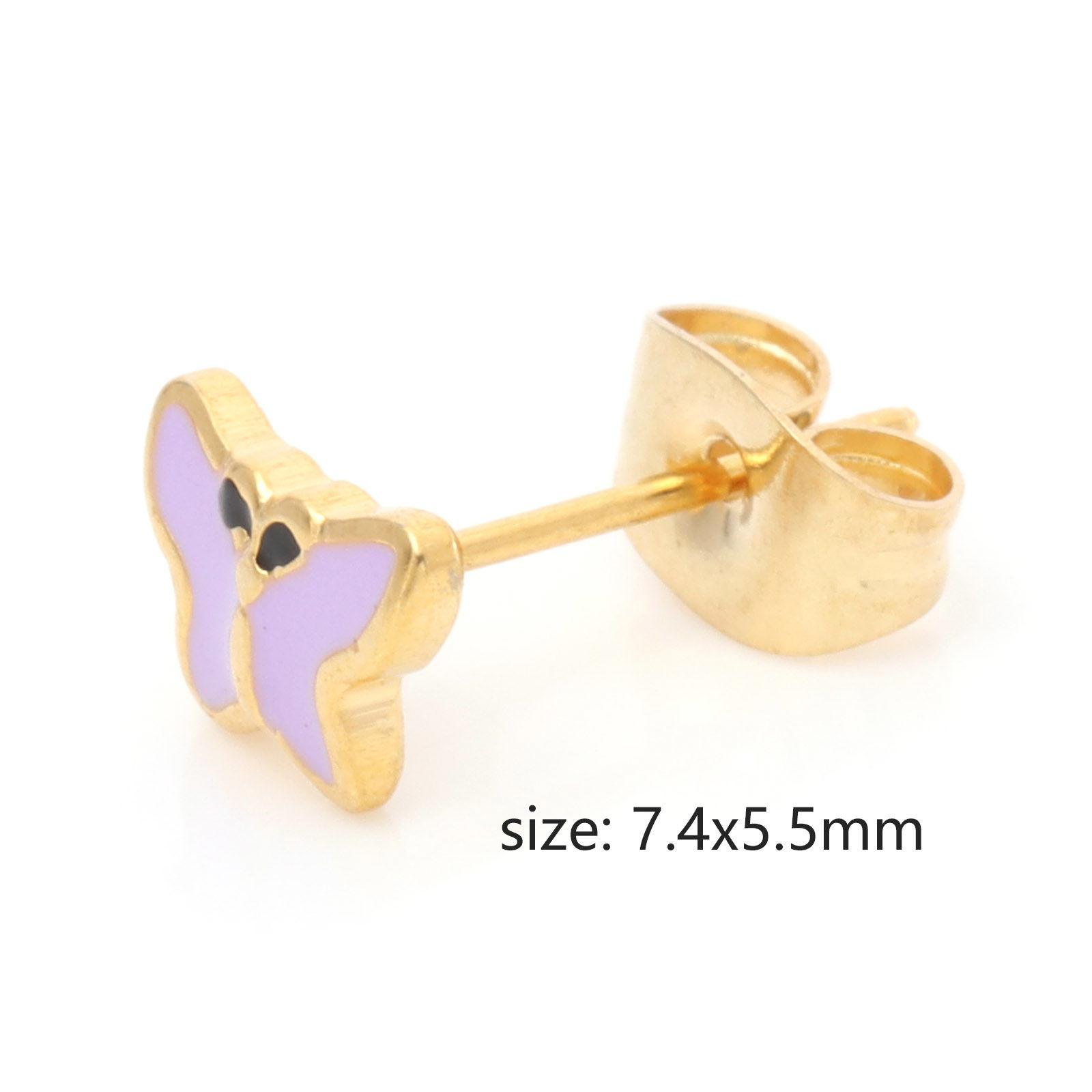 316ステンレス鋼 昆虫 ピアスイヤリング 金メッキ 多色 蝶 バタフライ エナメル 7.4mm x 5.5mm、ワイヤーサイズ: （21号）、1 ペア の画像