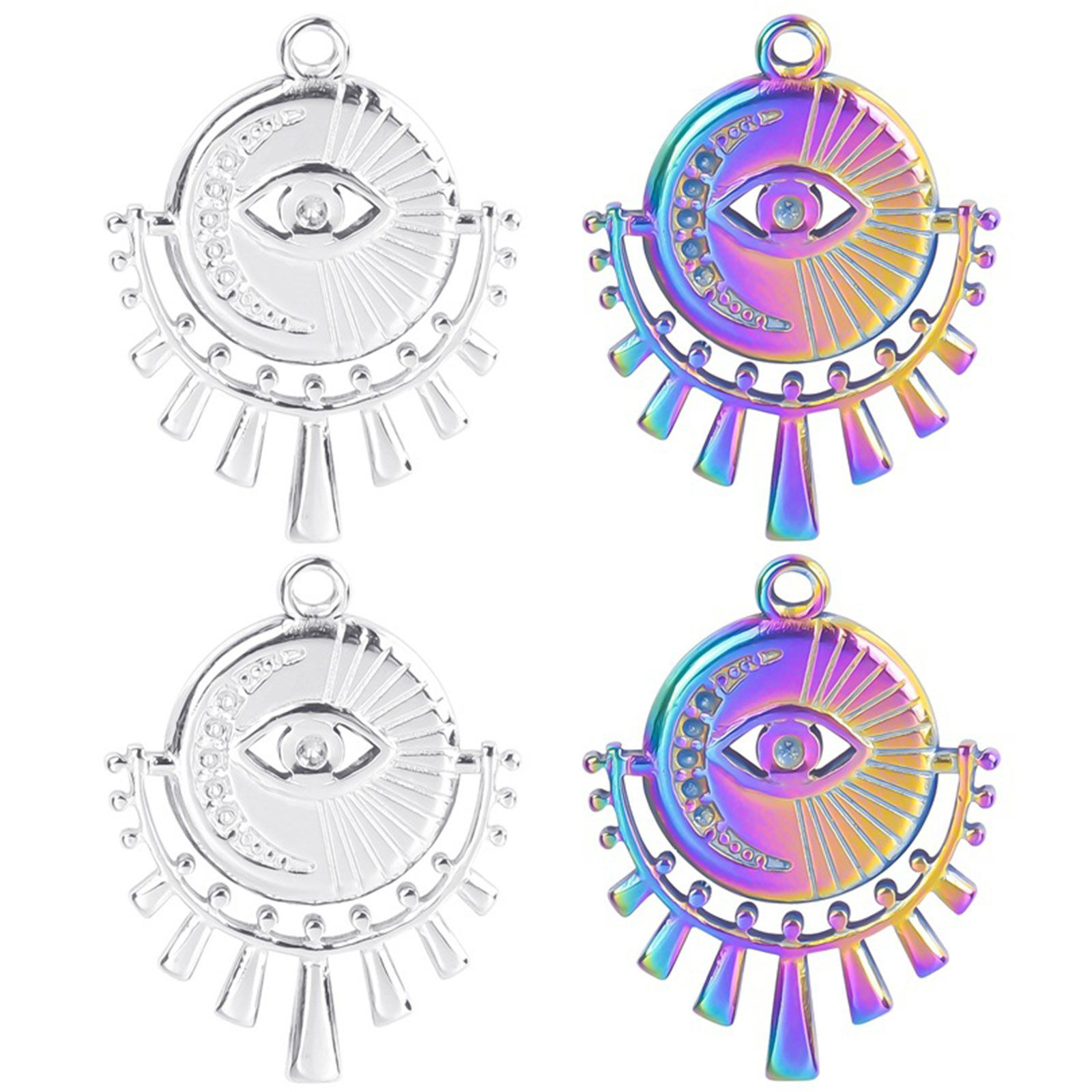 Image de Breloques en 304 Acier Inoxydable Religieux Mauvais Œil Multicolore Lune 25mm x 19mm , 2 Pcs