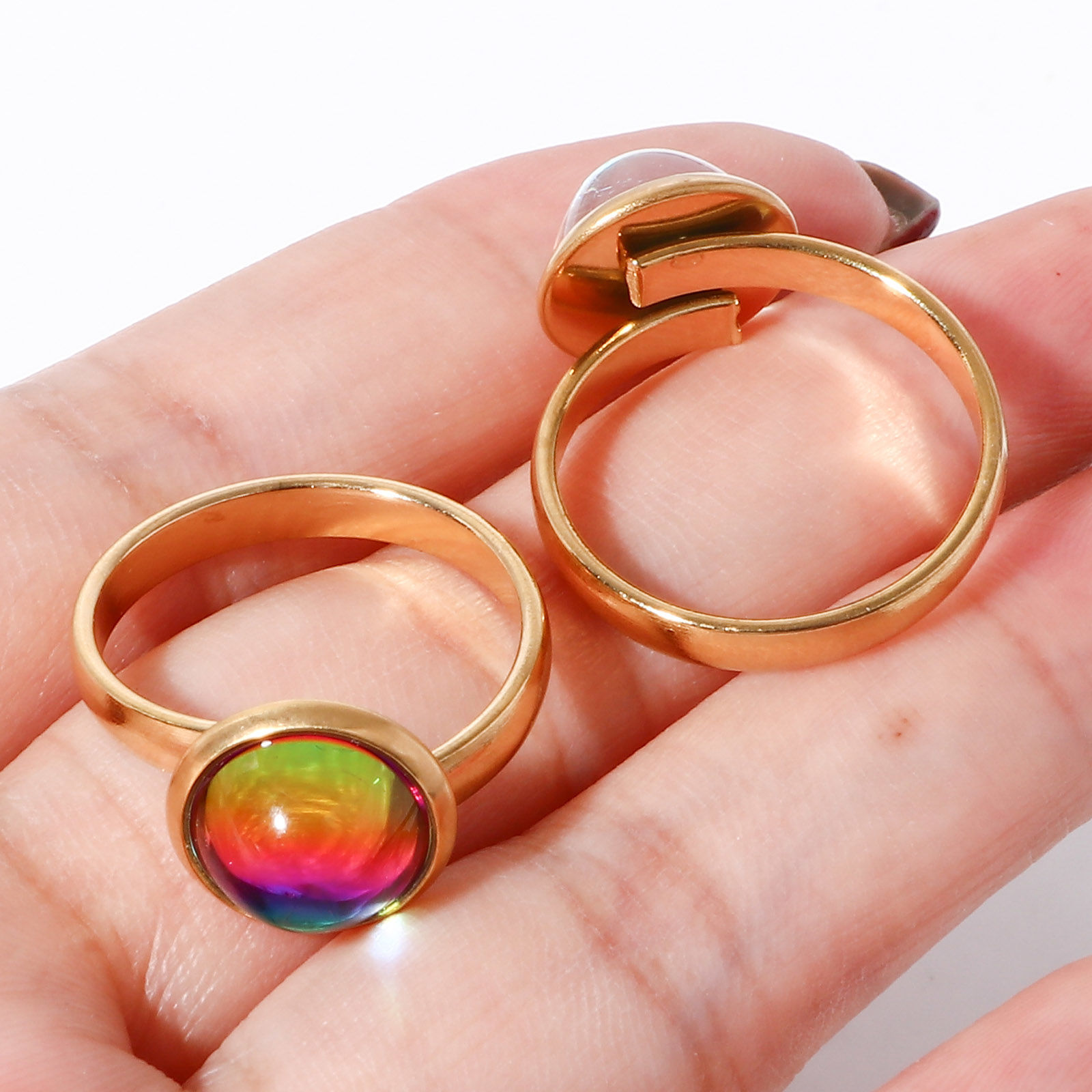 Picture of 304 Stainless Steel & Glass Simple Open Adjustable Rings Gold Plated Multicolor AB Color 17.7mm(US Size 7.5)