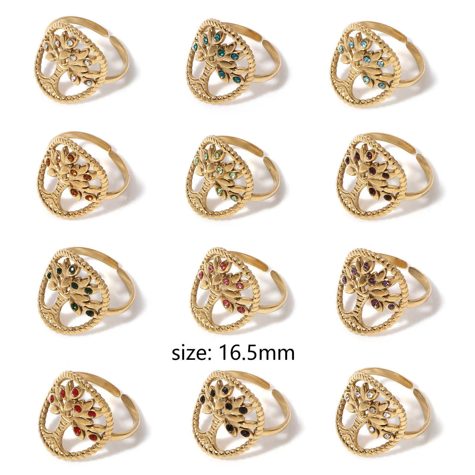 Immagine di 304 Acciaio Inossidabile Pietre Nascita Aperto Regolabile Anello Oro Placcato Albero di Vita 16.5mm (taglia di US: 6), 1 Pz