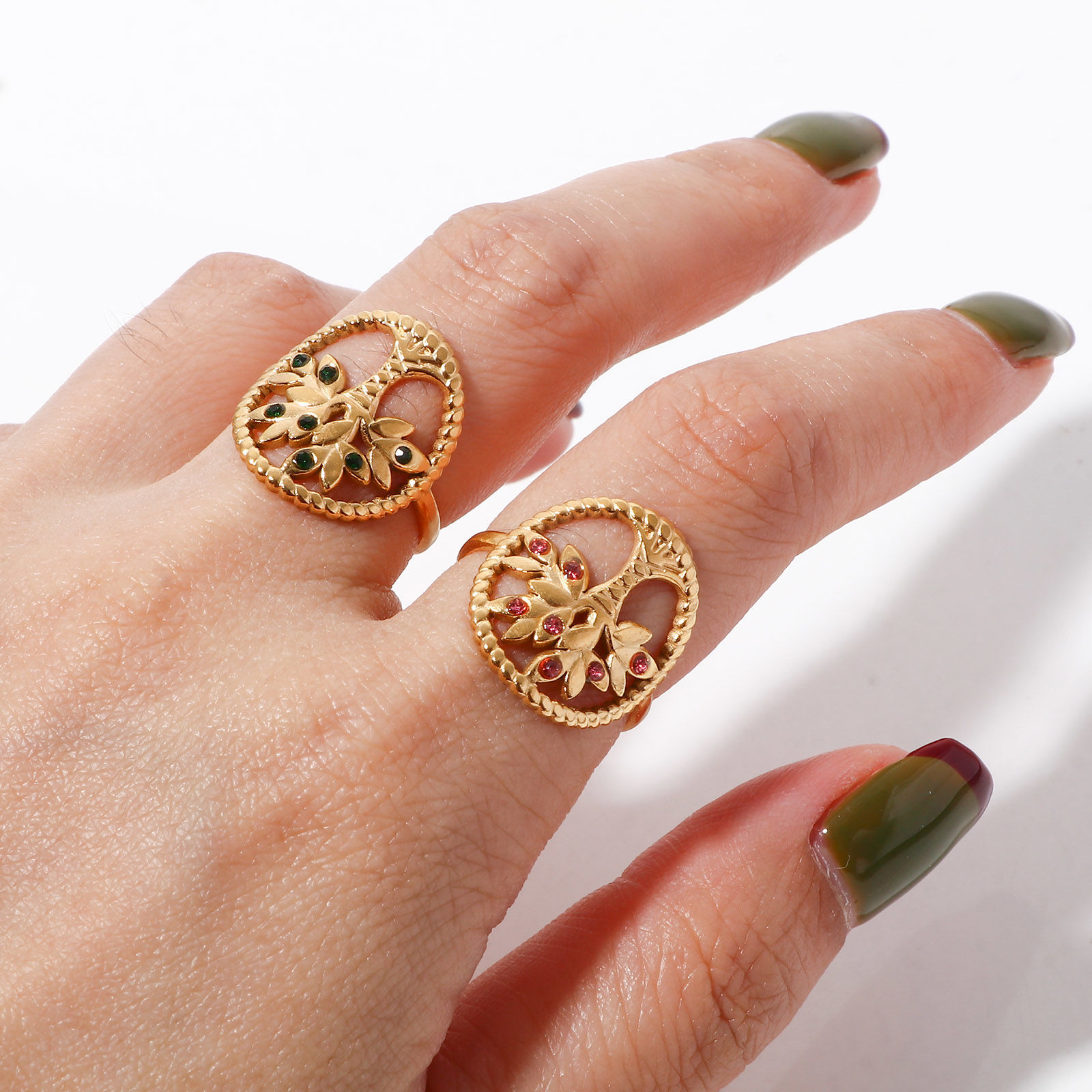 Immagine di 304 Acciaio Inossidabile Pietre Nascita Aperto Regolabile Anello Oro Placcato Albero di Vita 16.5mm (taglia di US: 6), 1 Pz
