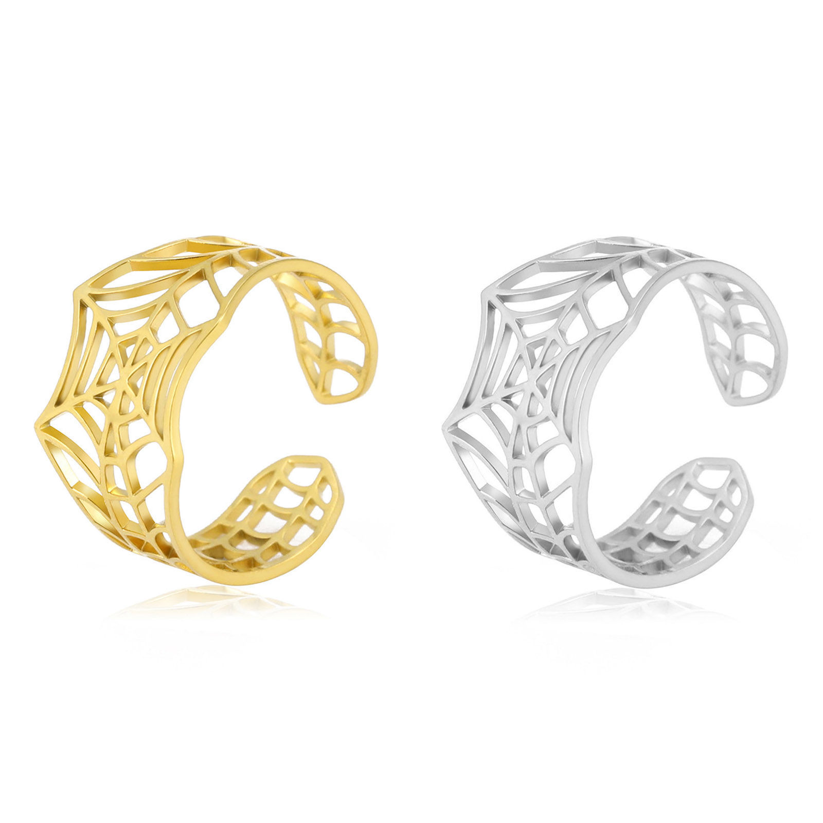 Picture of 304 Stainless Steel Halloween Open Adjustable Rings Multicolor C Shape Halloween Cobweb Hollow 17.3mm(US Size 7)