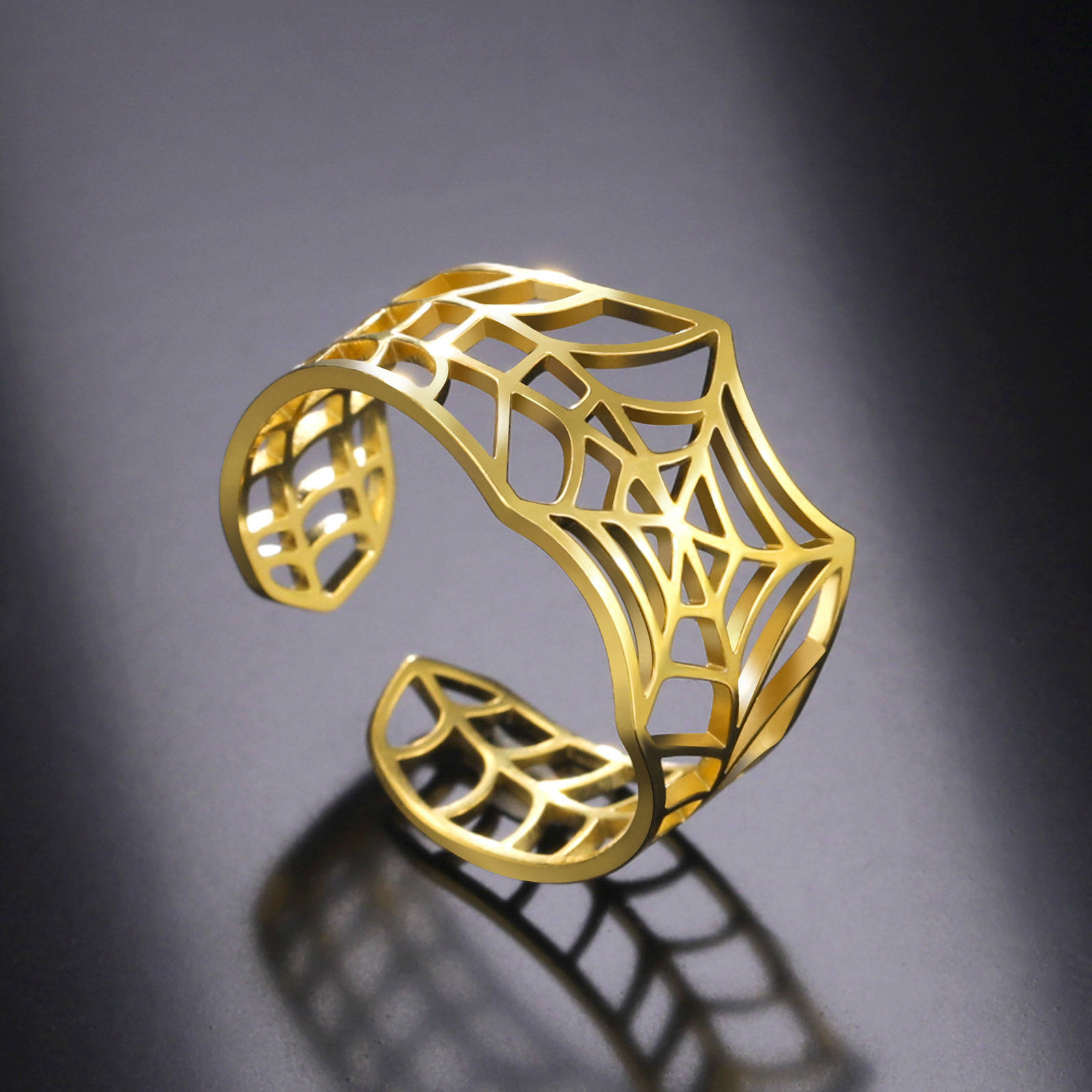 Picture of 304 Stainless Steel Halloween Open Adjustable Rings Multicolor C Shape Halloween Cobweb Hollow 17.3mm(US Size 7)