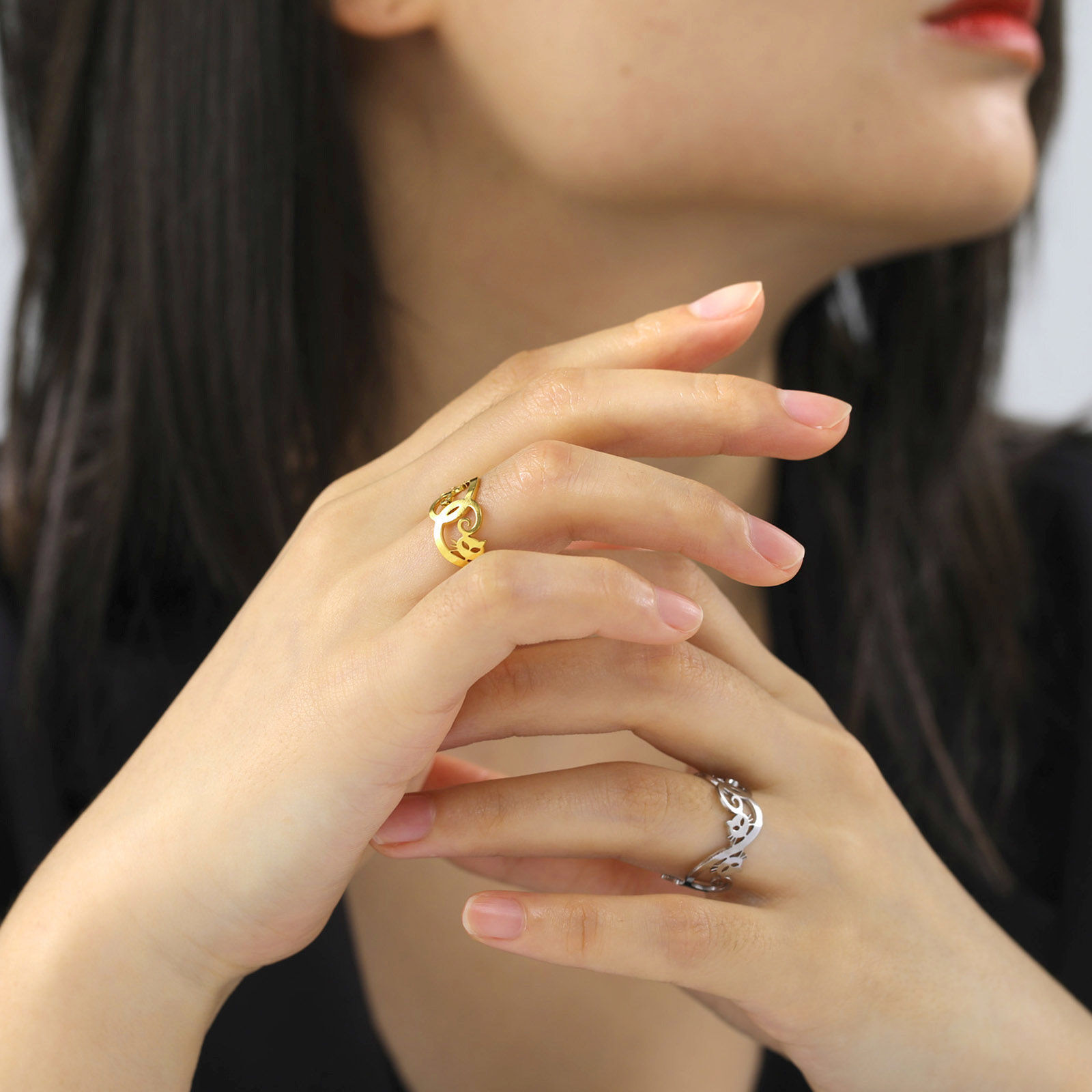 Immagine di 304 Acciaio Inossidabile Beniamino Contorno Aperto Regolabile Anello Multicolore forma di C Gatto Filigrana 17.3mm (taglia di US: 7), 1 Pz