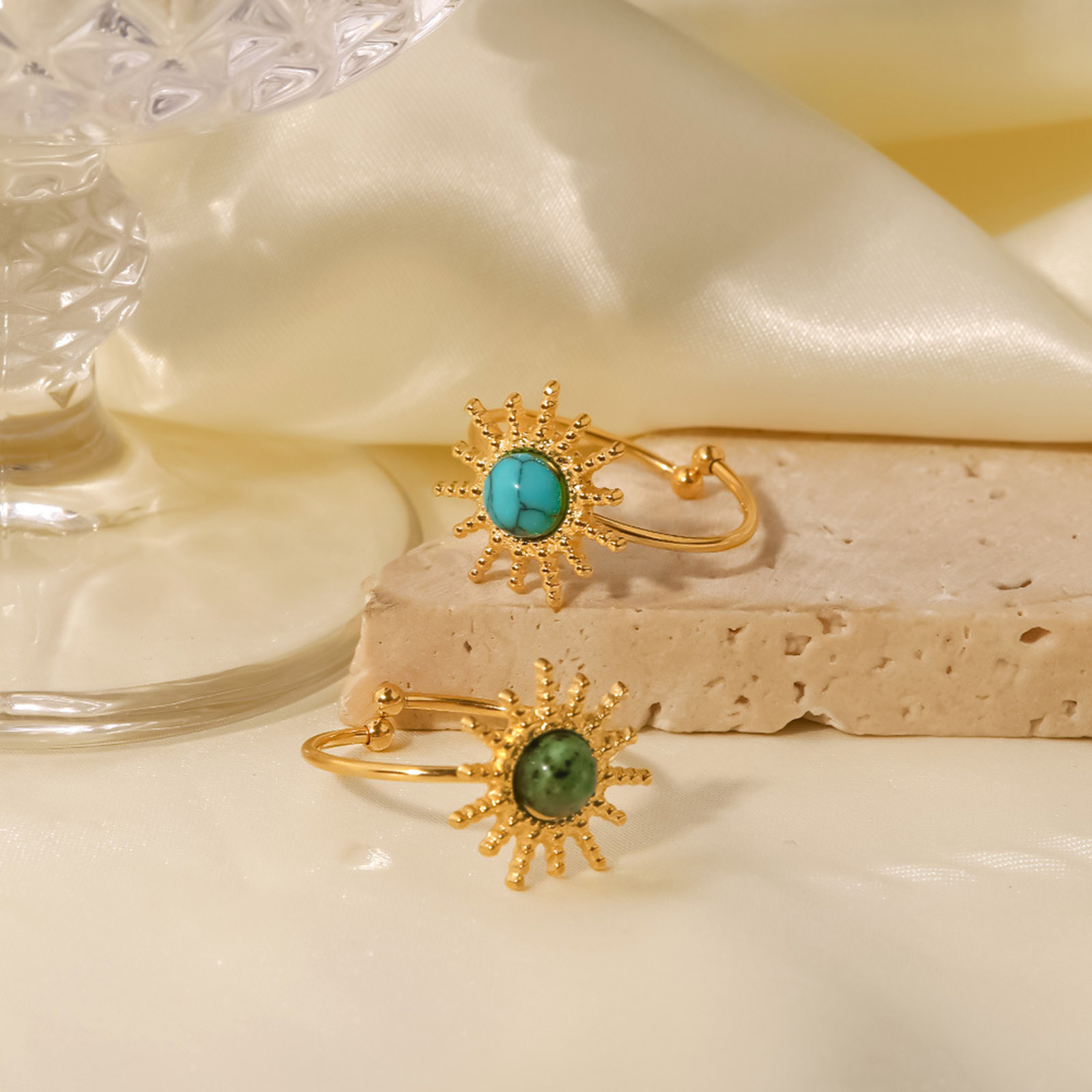 Picture of Eco-friendly Natural Pastoral Boho Chic Bohemia 18K Real Gold Plated 304 Stainless Steel & Stone Open Adjustable Sun Rings For Women