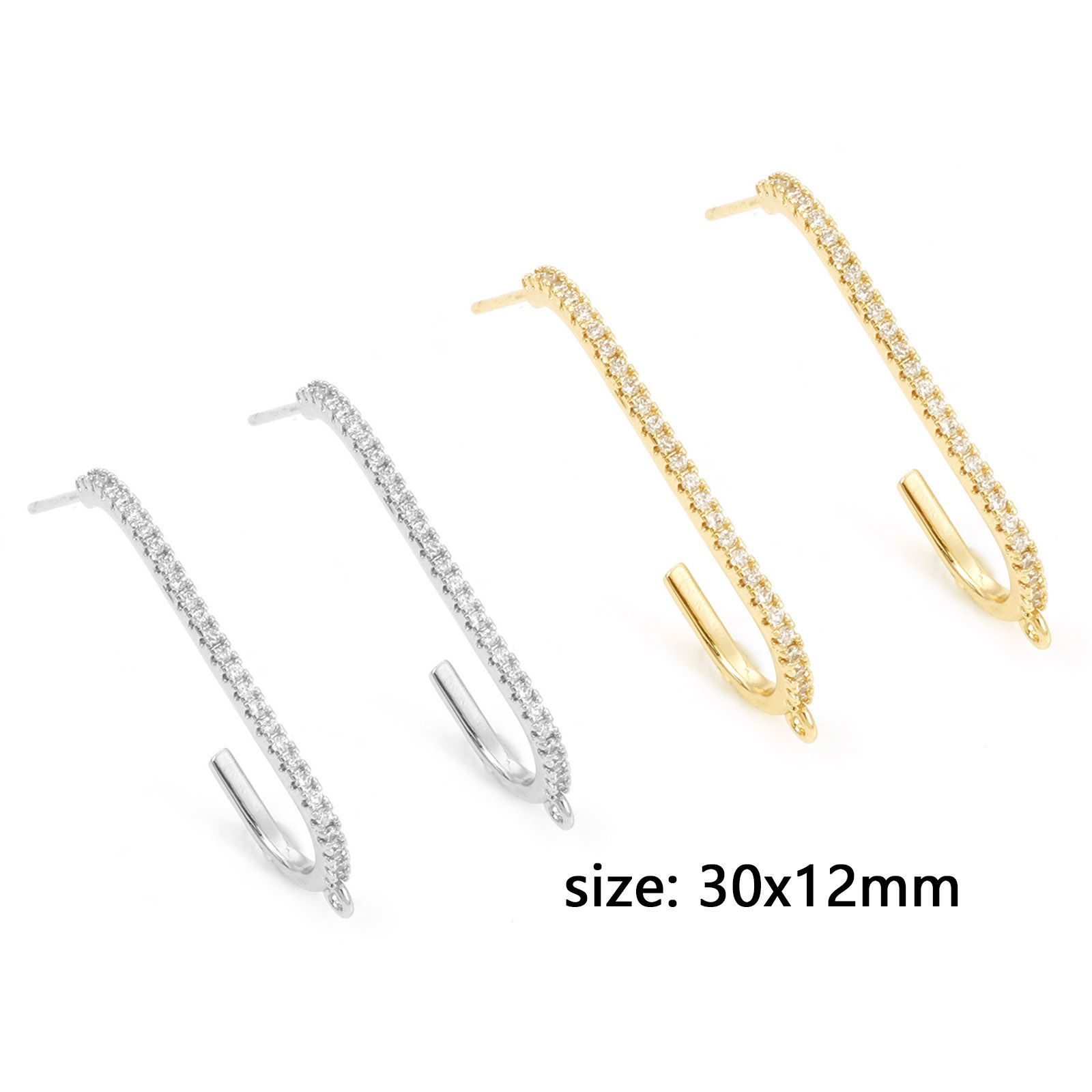 Picture of Brass Ear Post Stud Earrings Multicolor U-shaped With Loop Multicolour Cubic Zirconia 30mm x 12mm