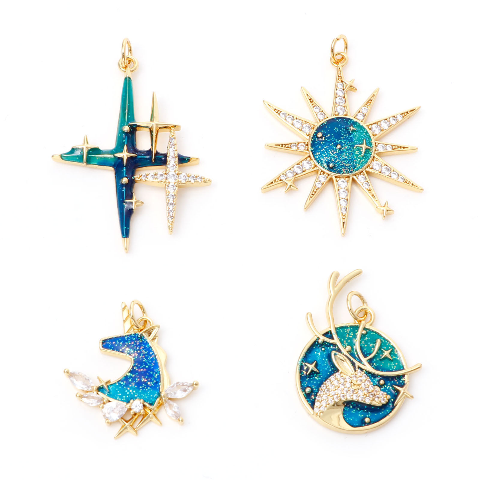 Bild von Messing Micro Pave Vergoldet Cyan Stern Emaille Klar Kubischer Zirkon 1 Stück