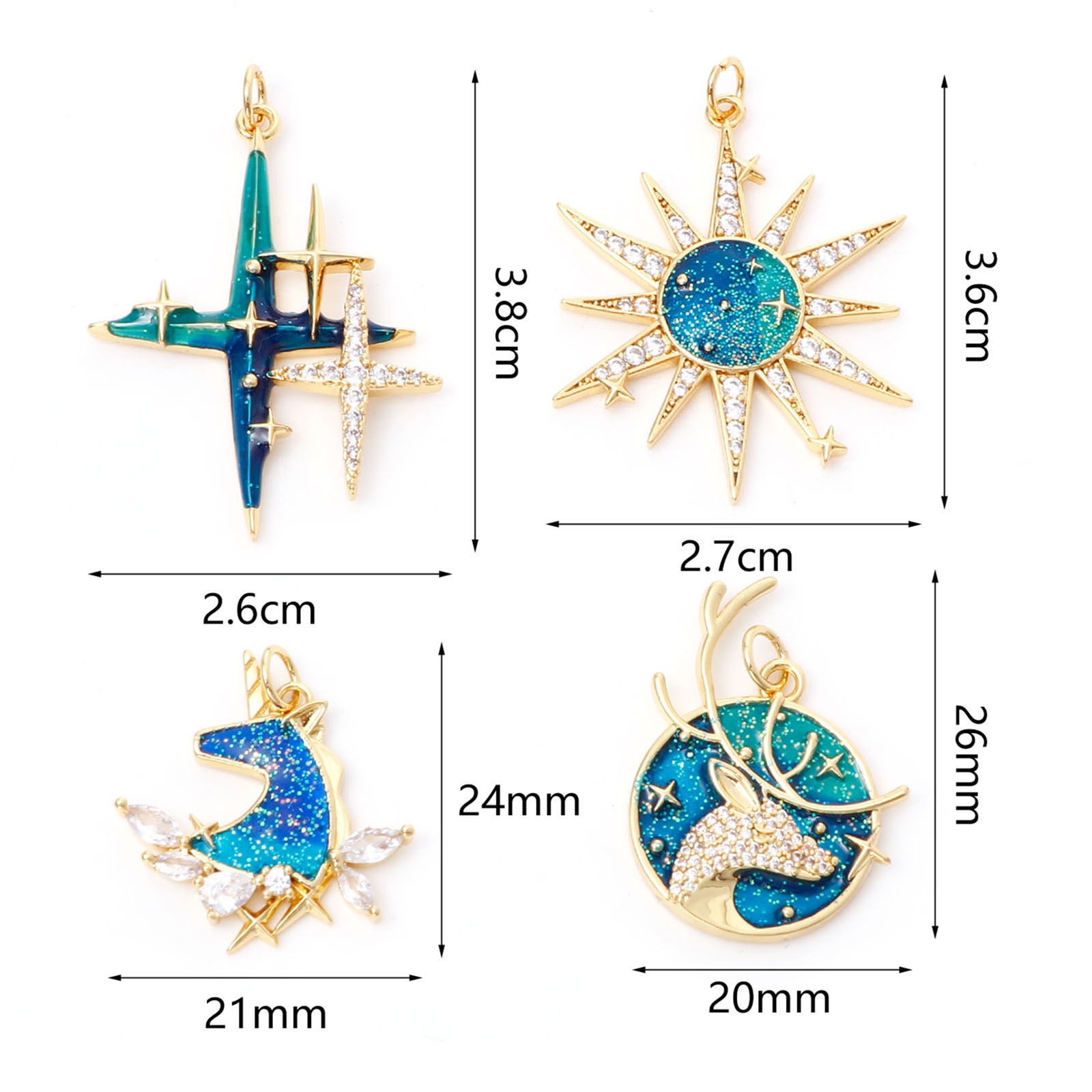 Bild von Messing Micro Pave Vergoldet Cyan Stern Emaille Klar Kubischer Zirkon 1 Stück
