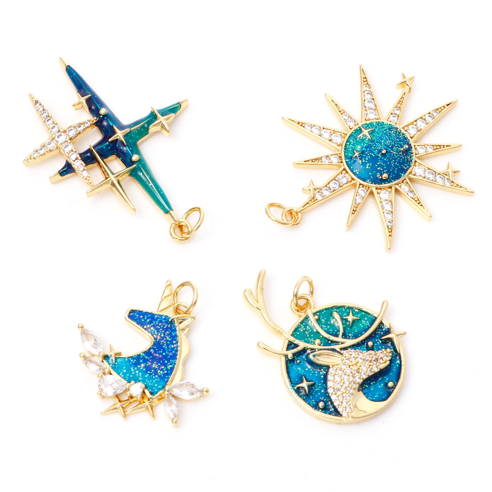 Bild von Messing Micro Pave Vergoldet Cyan Stern Emaille Klar Kubischer Zirkon 1 Stück