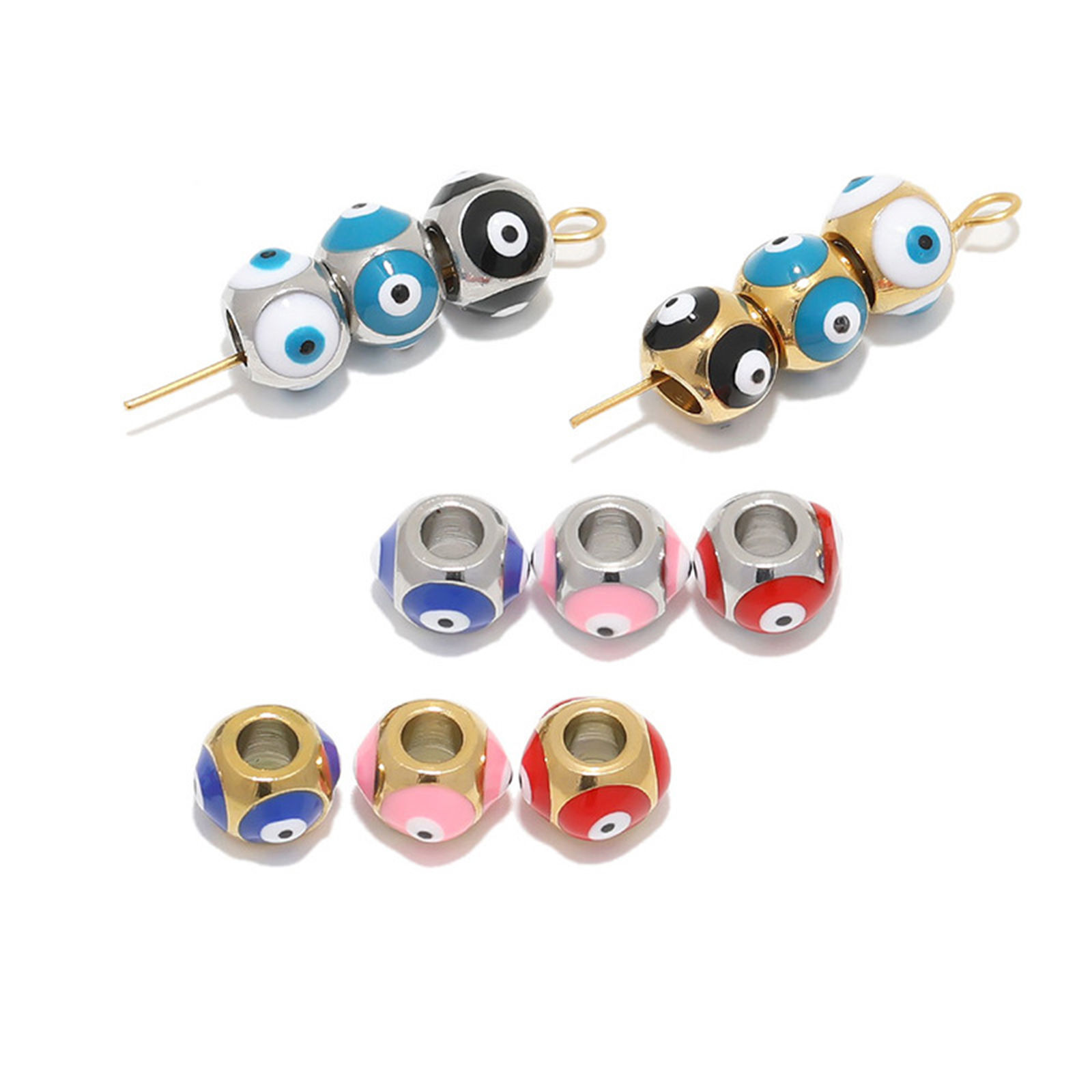 Immagine di 304 Acciaio Inossidabile Religione Perline Tondo Multicolore Malocchio Smalto 8mm x 6mm, Buco: Circa 3.2mm, 2 Pz