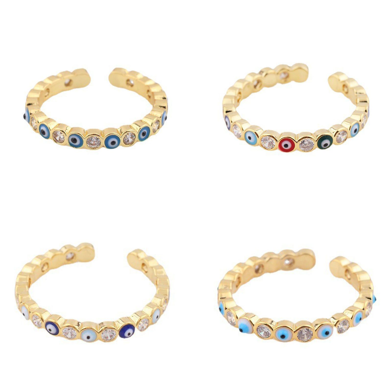 Picture of Eco-friendly Retro Stylish 14K Real Gold Plated Copper & Cubic Zirconia Open Adjustable Round Evil Eye Enamel Rings For Women